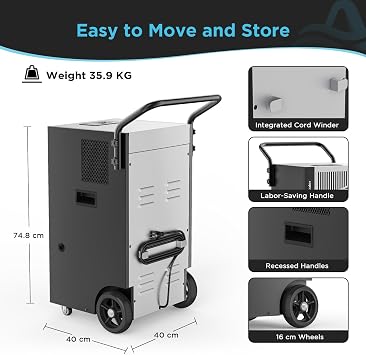 80L Commercial Dehumidifier with Pump & Drain Hose for Basements & Large Rooms up to 400 m³, Industrial Dehumidifier with Wheels Heavy Duty Commercial-grade