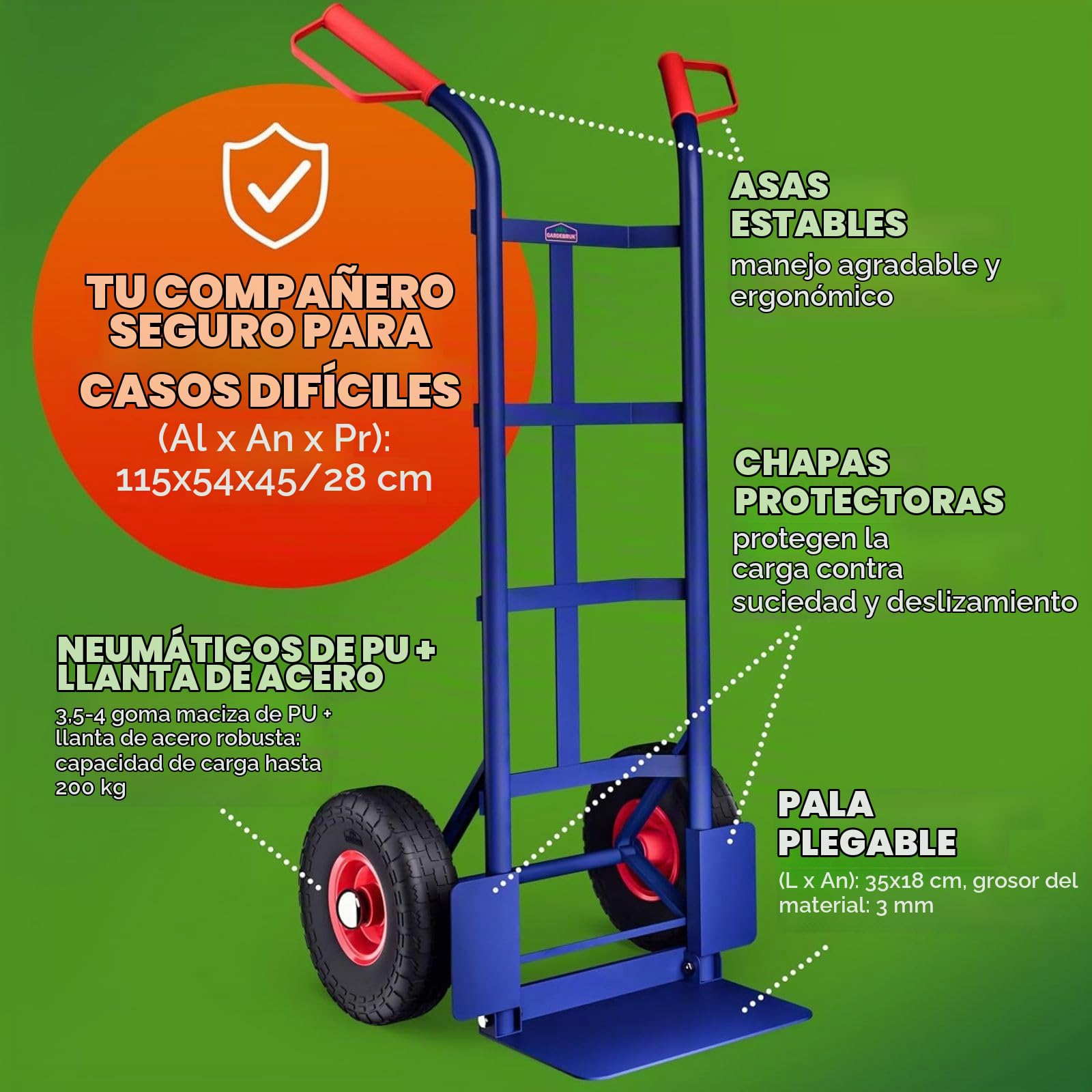 DASCK Carro de Carga 200 kg con Ruedas Neumáticas – Carretilla Industrial de Acero Reforzado con Plataforma 35x18 cm y Empuñaduras Ergonómicas Antideslizantes