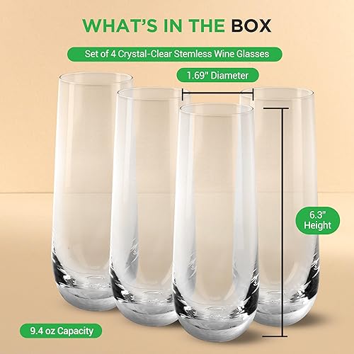 Miniatura 8 de NutriChef Juego de 4 copas de champán sin tallo, copas de cristal de 6.4 pulgadas de alto con base gruesa y pesada, flauta de vino Prosecco, vaso