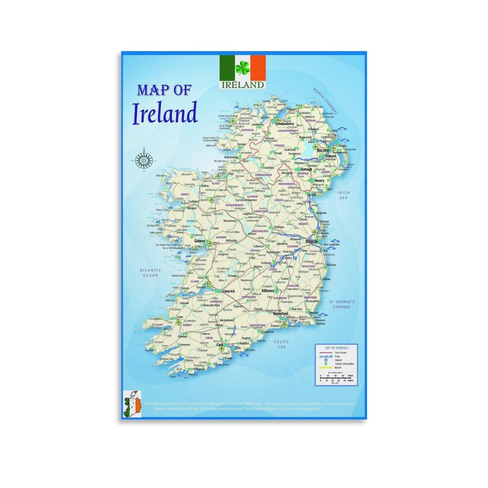 TDX Ireland Map A2 Laminated Geographical Physical Political Atlas Wall Canvas Art Poster and Wall Art Picture Print Modern Family Bedroom Decor Posters 16x24inch(40x60cm)