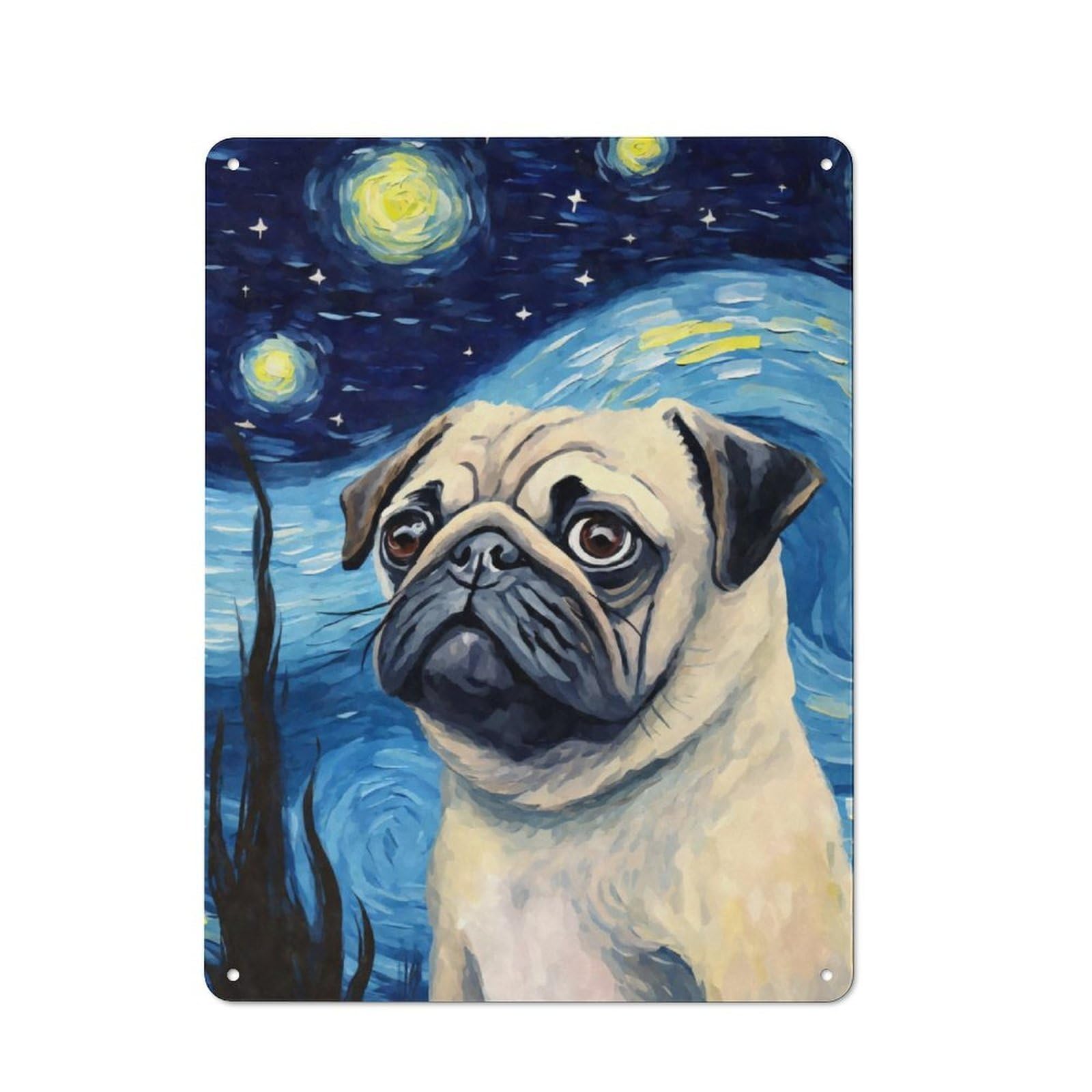 Junmoney Pug Dog Starry Night Vintage Metal Plaque 40X30cm For Dining Room Or Kitchen, For Home Decor Collectors Refreshing A Room In Autumn