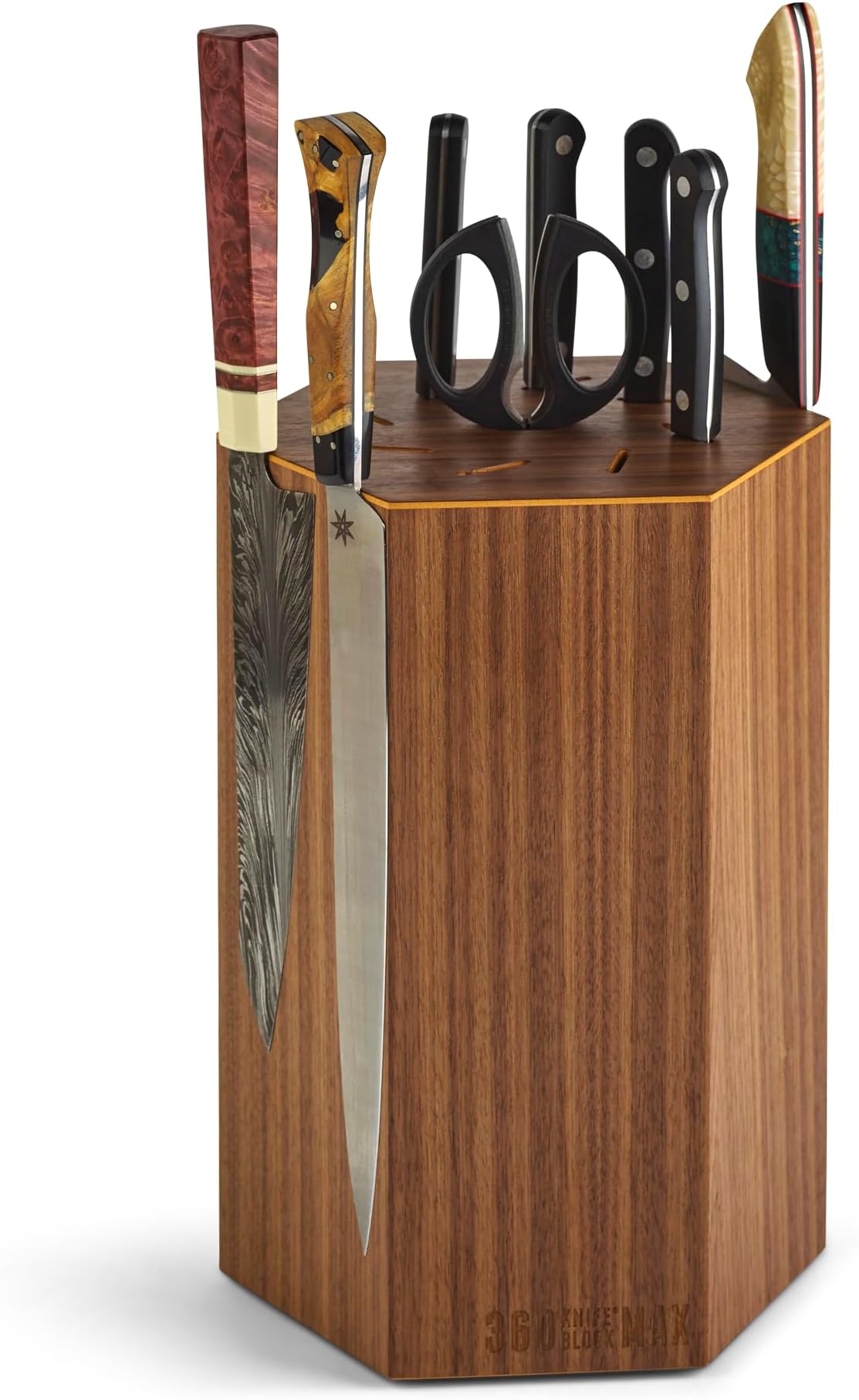 MAX - (walnut) rotating, magnetic, knife block - NOW w/top slots - capacity for 20+ knives & 12" blades (Walnut wood)