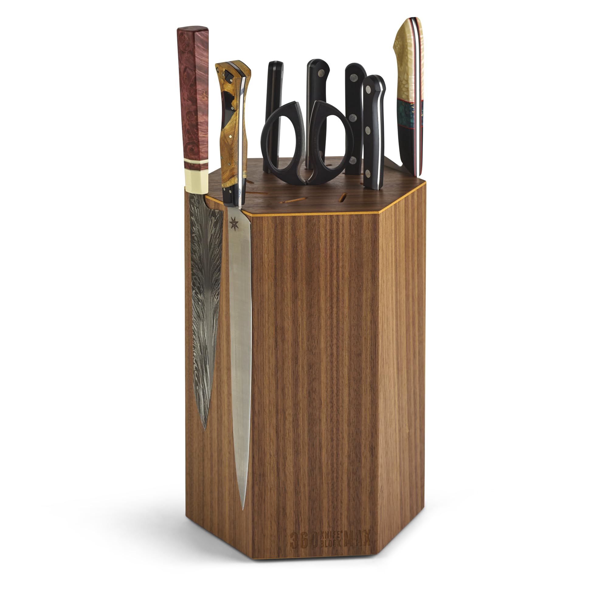 MAX - (walnut) rotating, magnetic, knife block - NOW w/top slots - capacity for 20+ knives & 12" blades (Walnut wood)