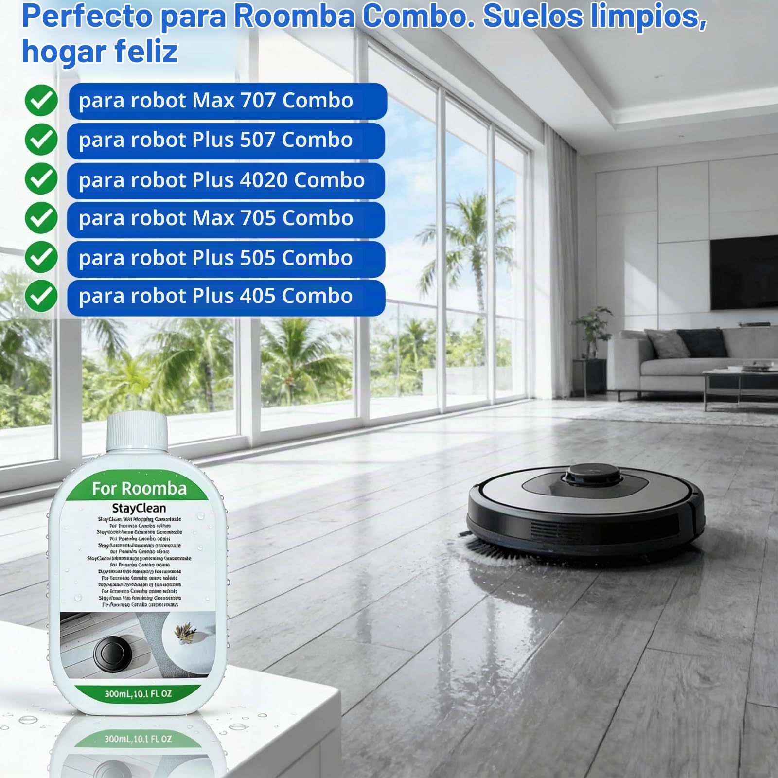 StayClean Concentrado, Limpiador for Suelos De Robot Aspirador, Solución De Fregado De Baja Espuma Compatible Con Roomba 705/505/405 Plus/Max/, Fragancia Fresca, Sin Residuos (6 x 300ml)