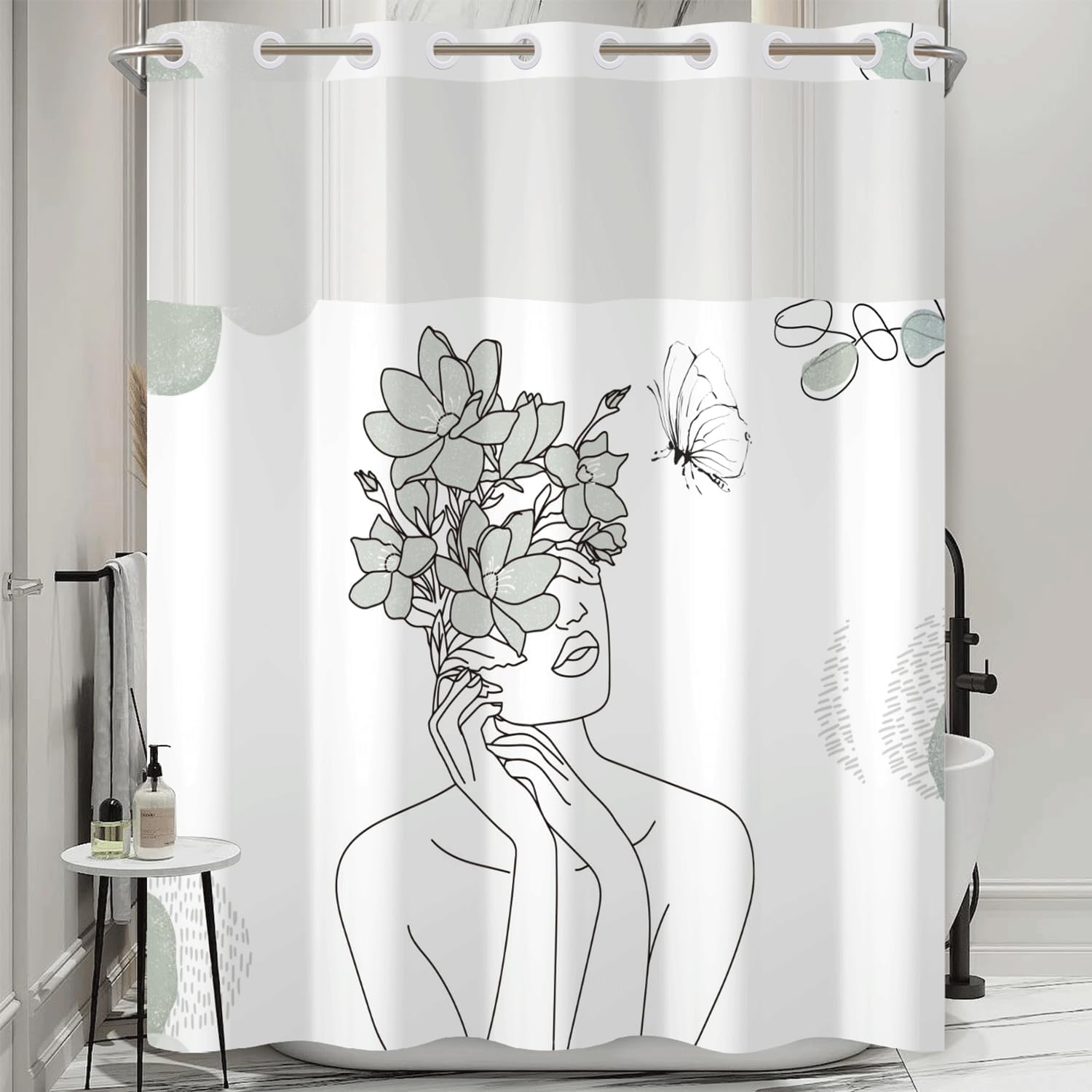 No Hook Shower Curtain and Liner Set, Minimalist Line Art Woman Face with Floral Butterfly, Abstract Modern Boho Shower Curtains for Bathroom, Artistic Bath Curtain with Mesh Top, 71x74 Inch