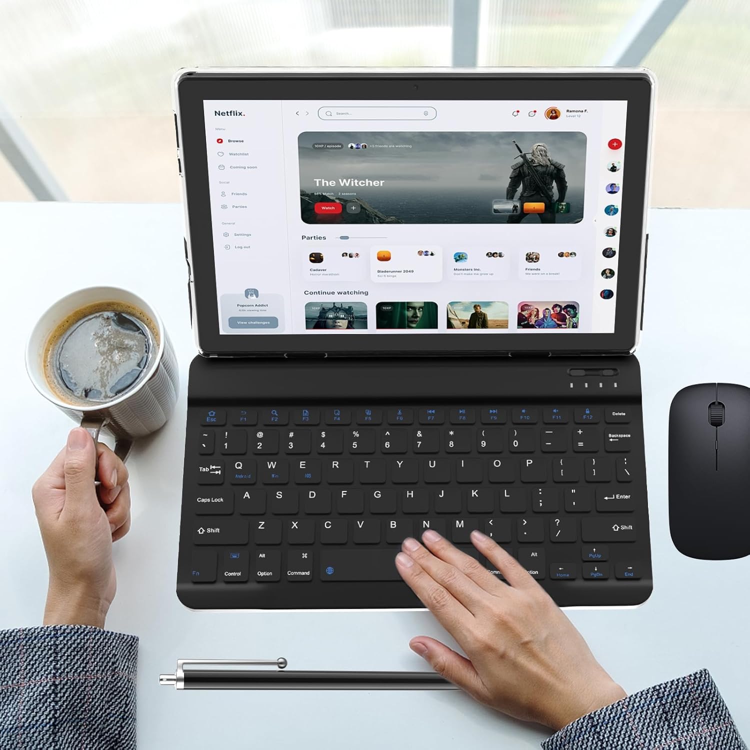 CUPEISI Android 15 Tablet with keyboard, mouse, and stylus arranged on a desk, ready for use.