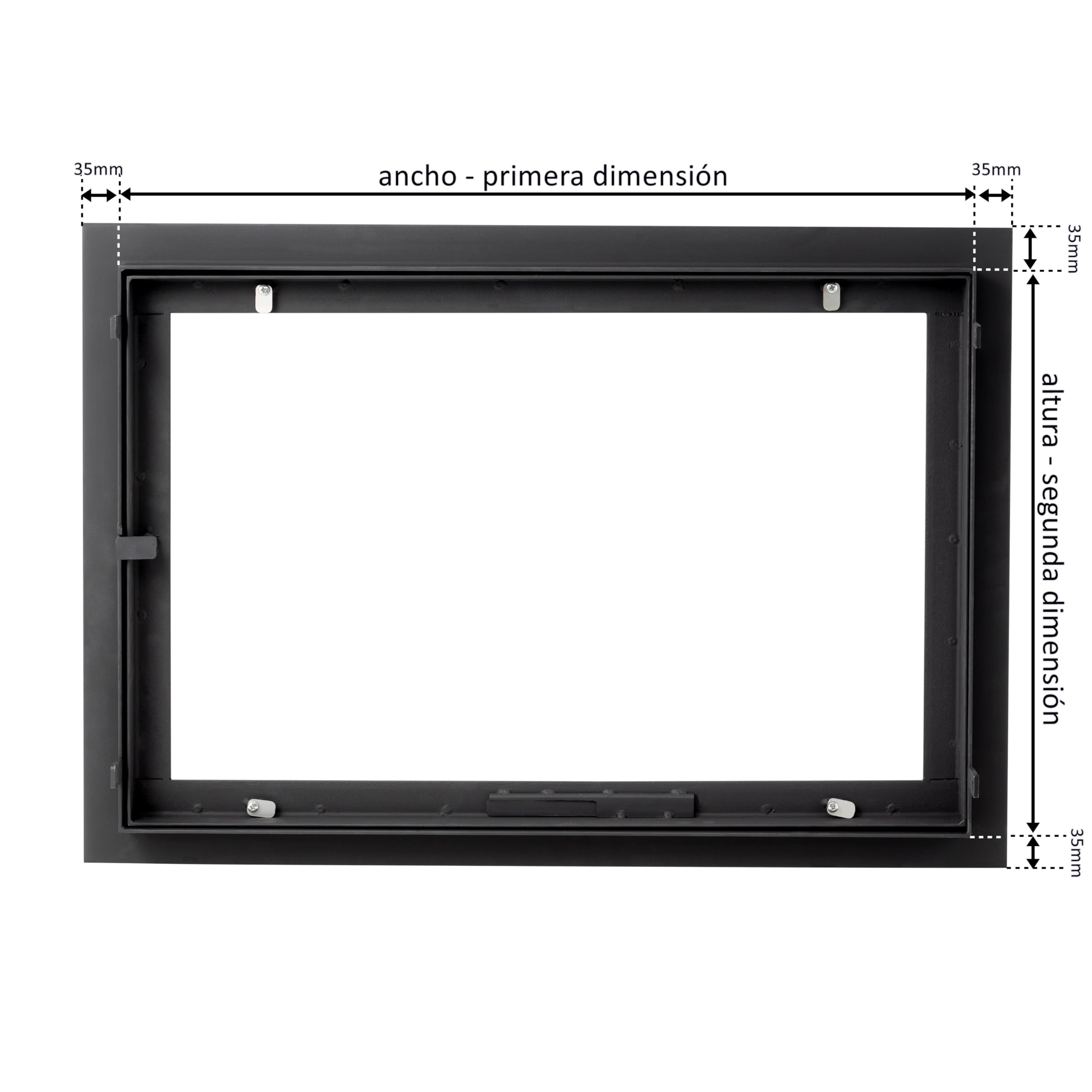 Puerta de chimenea con cristal para hornos de pizza y acero para calderas. Apertura: izquierda | Tirador a la derecha. Ventana grande. Modelo con brida. (60x60cm)