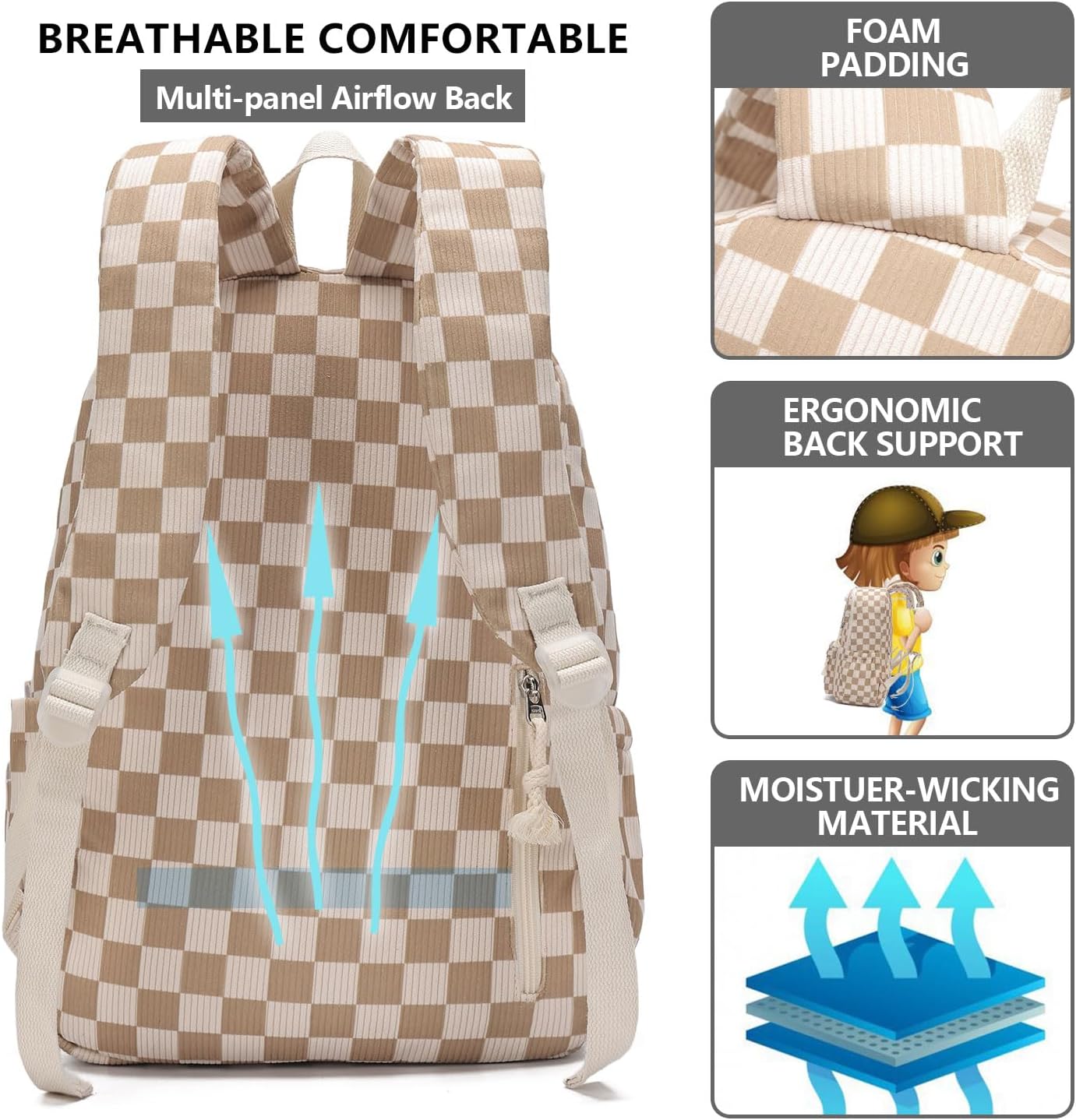 School Backpack for Teen Girls Bookbags Elementary High School Corduroy Laptop Bags Women Travel Daypacks (Checkered)