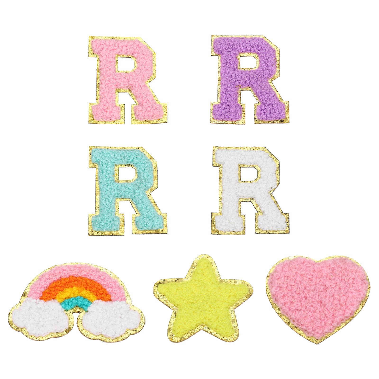 sourcing map 7 Pcs Chenille Patches 2 Inch Letter-R Adhesive Sew or Iron-on Applique Patching with Rainbow Star Heart Smile Embroidered Stickers for DIY Fabric Clothing Hat Bag Shoes