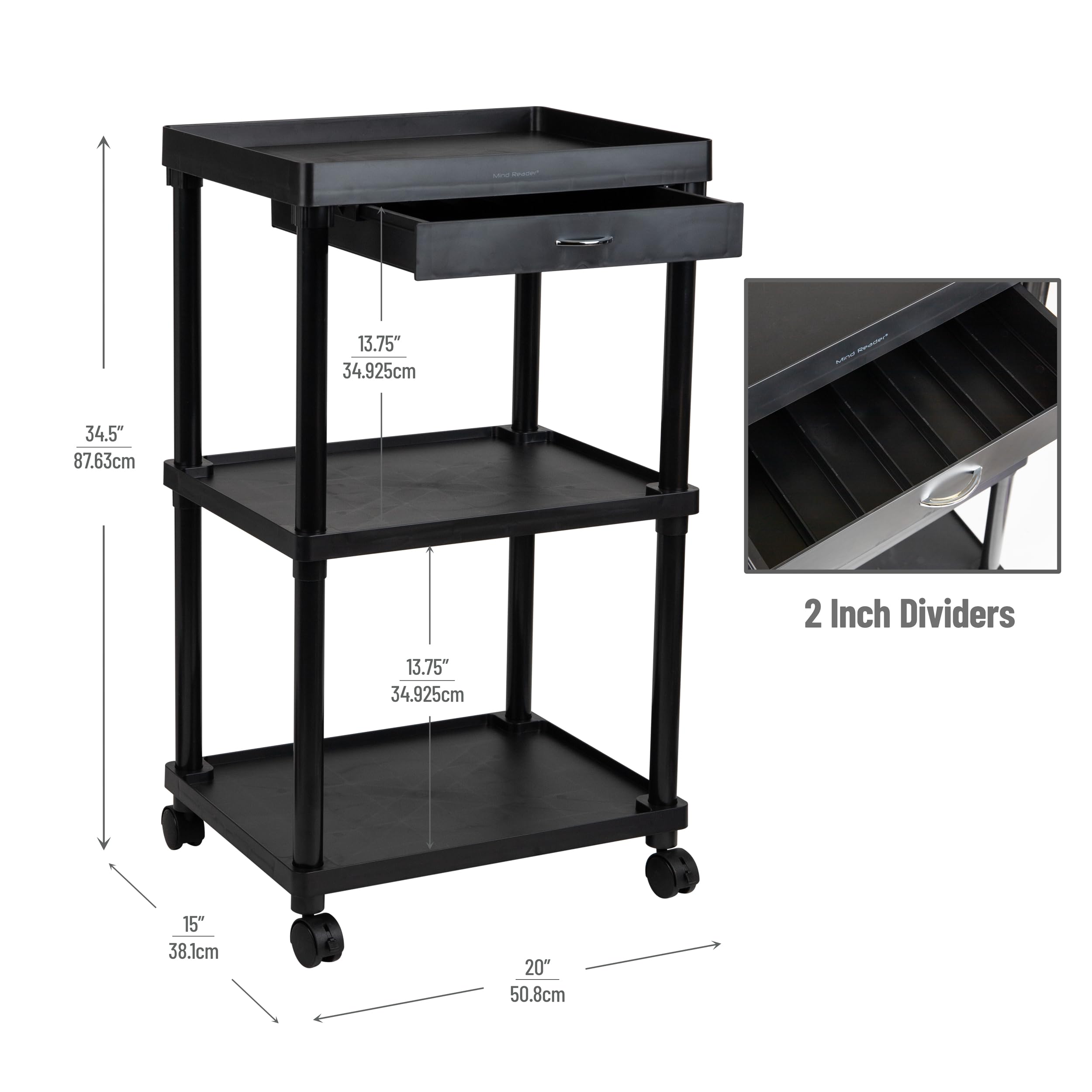 Mind Reader Carrito de café rodante de 3 Niveles, Negro, plástico y Metal, 20 x 15 x 35 Pulgadas