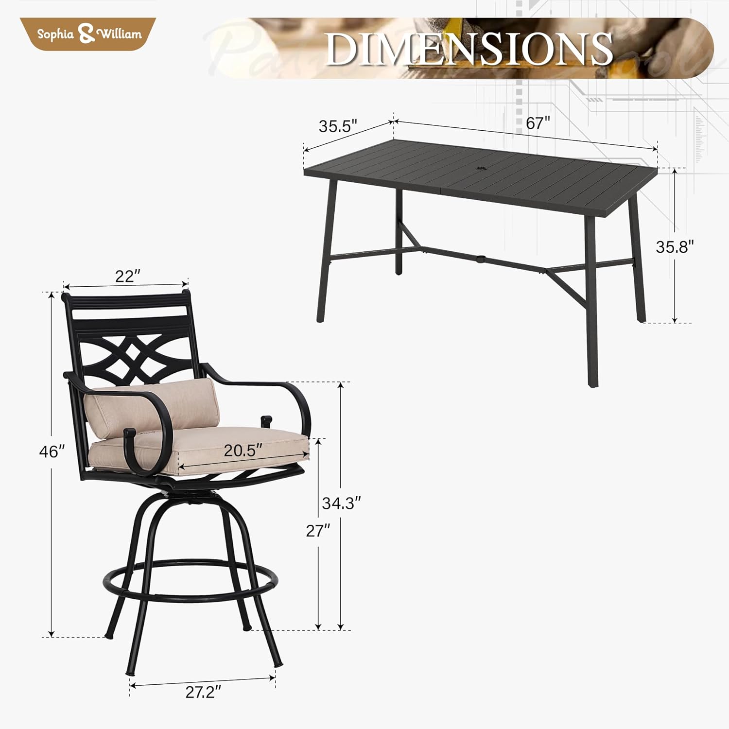 Sophia & William 7-Piece Outdoor Bar Set, Bar Height Patio Table and Chairs for 6, 6 Outdoor Swivel Bar Stools with Beige Cushion and 1 Rectangular Bar Height Table