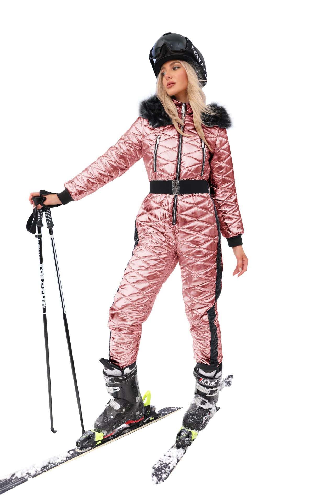 Yousify Women Onesies Ski Suit Hooded Fur Collar Snowsuit Winter Outdoor Sports Waterproof Ski Jumpsuit Coat