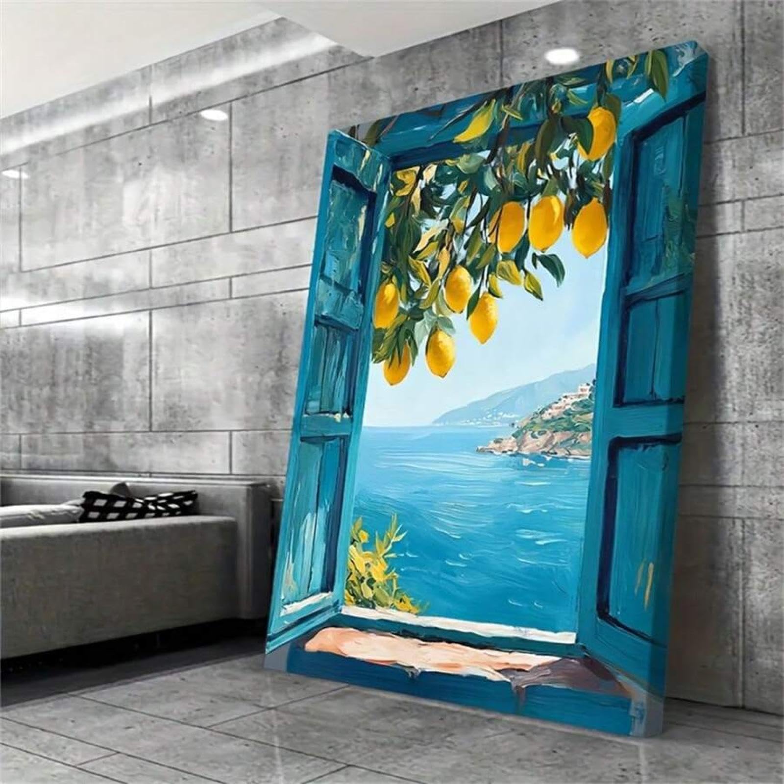 XBTYKPB Cuadros de pared con vistas al Mediterráneo, impresiones de limoneros costeros, lienzos, pósteres costeros, estética azul, 21 x 30 cm, con marco