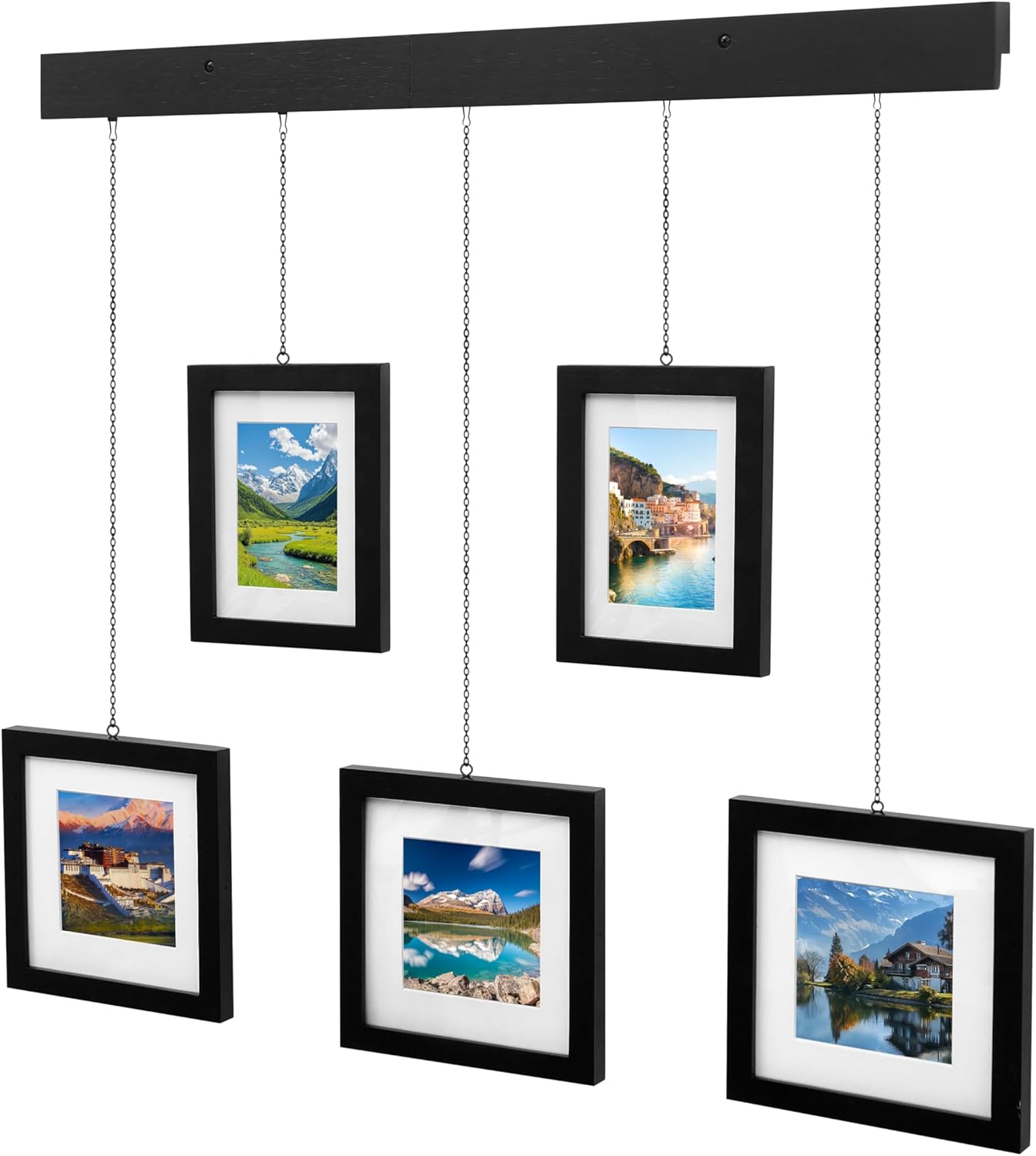 Solid Wood Collage Picture Frame Set of 5, Black Gallery Wall Hanging Frames with Adjustable Metal Chains, Displays Two 5x7 and Three 7x7 Photos,Ideal for Living Room, Office and Home Decor