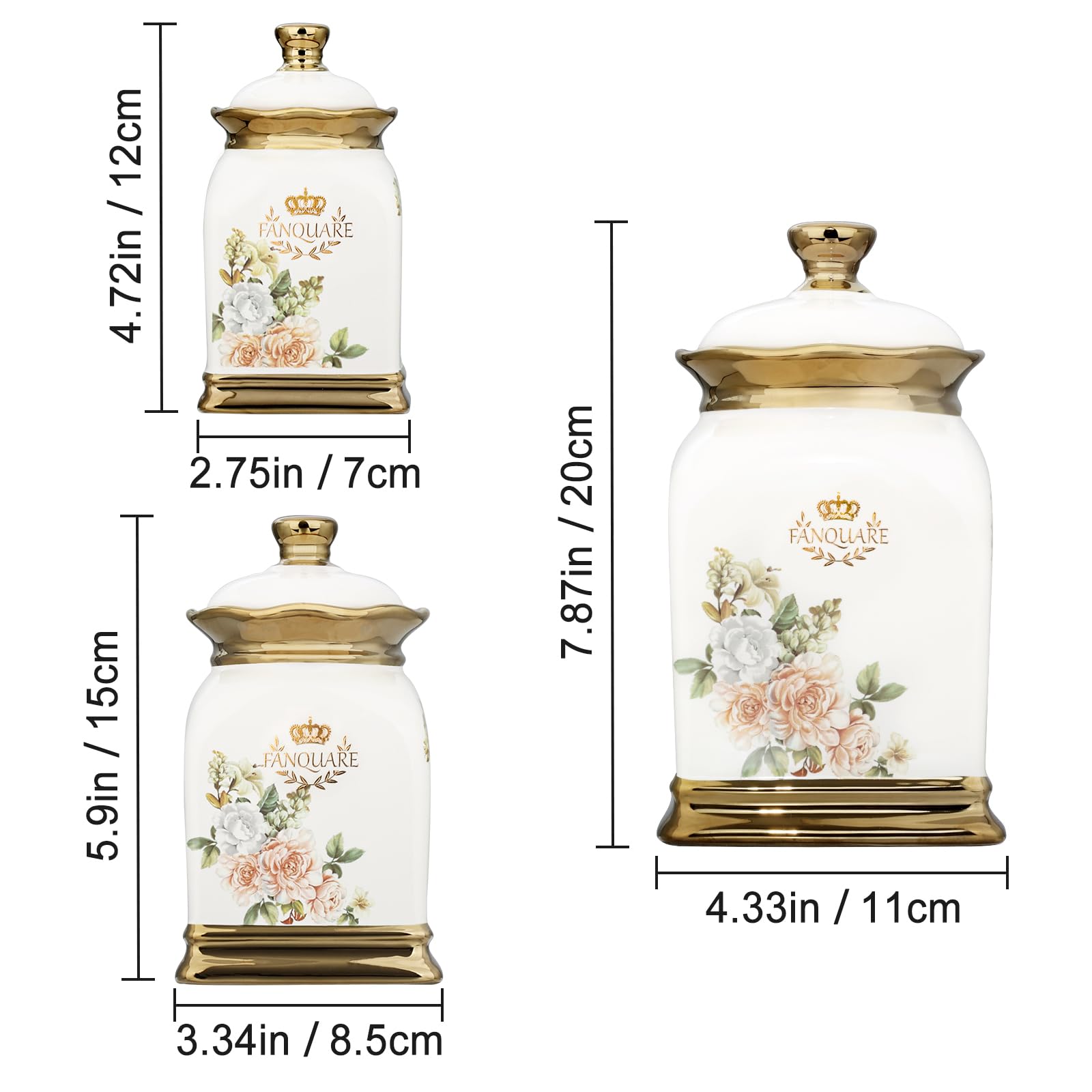 fanquare 3 Barattoli Vintage con Fiori e Coperchio, Tazze in Ceramica per Tè, Caffè, Zucchero, Contenitori Ermetici per Conservare gli Alimenti in Casa, in Cucina, Come Regali