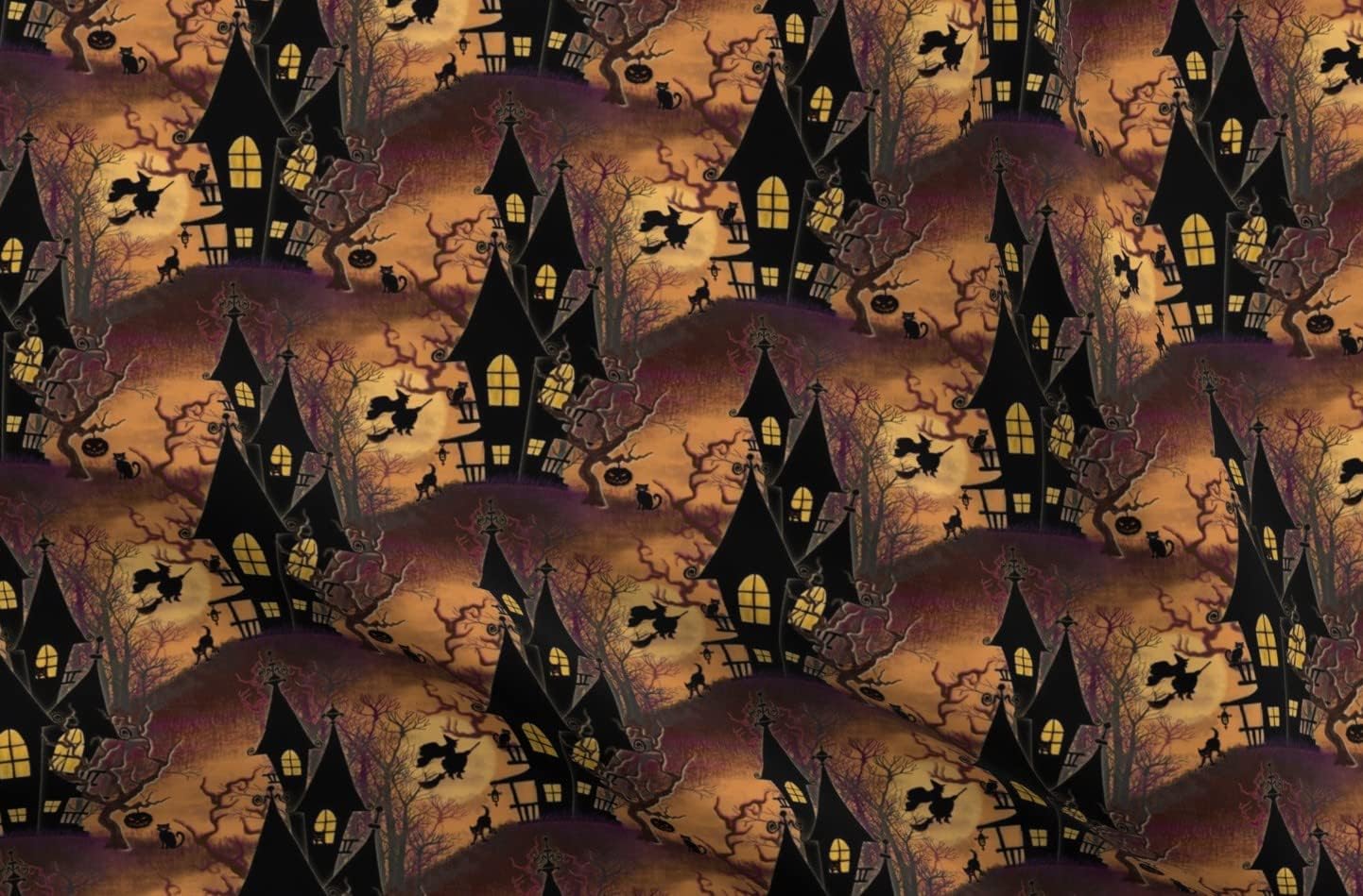 Spoonflower Fabric - House Vintage Halloween Spooky Witch Black Cats Orange Printed on Minky Fabric by The Yard - Sewing Baby Blankets Quilt Backing Plush