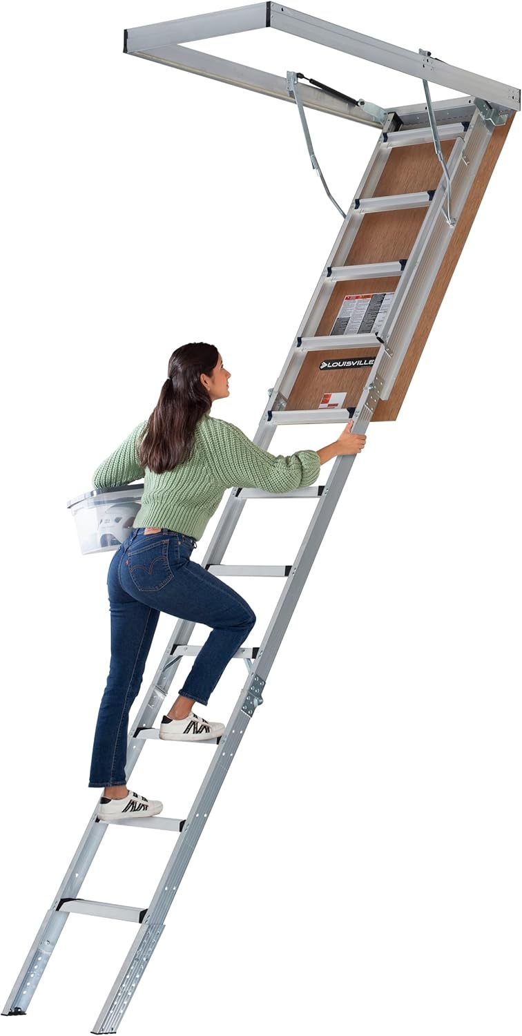 Louisville Ladder 7.8-10.3-Foot Fire Rated Door Aluminium Attic Ladder 22.5" x 54" (Rough Opening), 375-Pound Load Capacity, Type IAA, AL2240MG-FT