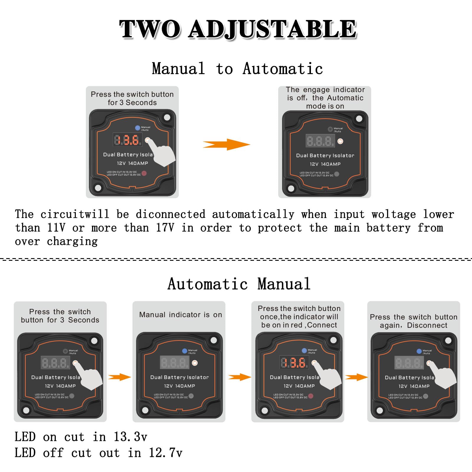 Batterietrenner, 12 V Kit, 140 Amp Split-Laderelais mit 5 m Kabelsatz, automatisches Dual-Batterie-Trennrelais für Marine, ATV, UTV, Wohnmobil, Auto (BG006 kit)