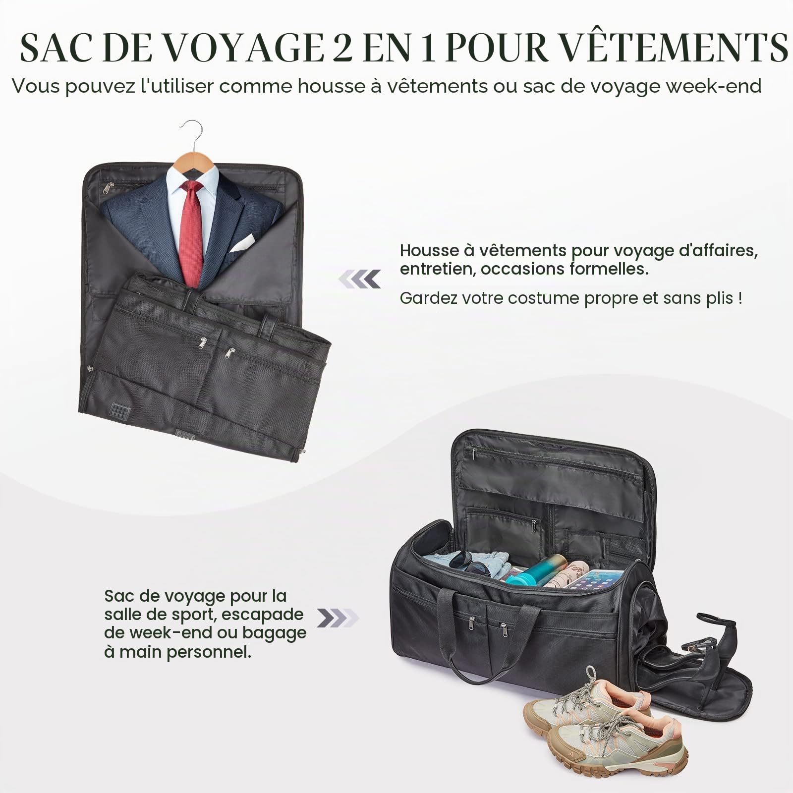 S-ZONE Sac à Vêtements de Voyage Convertible Unisexe Bagage à Main pour Hommes Femmes - 2 en 1 Valise Suspendue Sac de Costume d'affaires