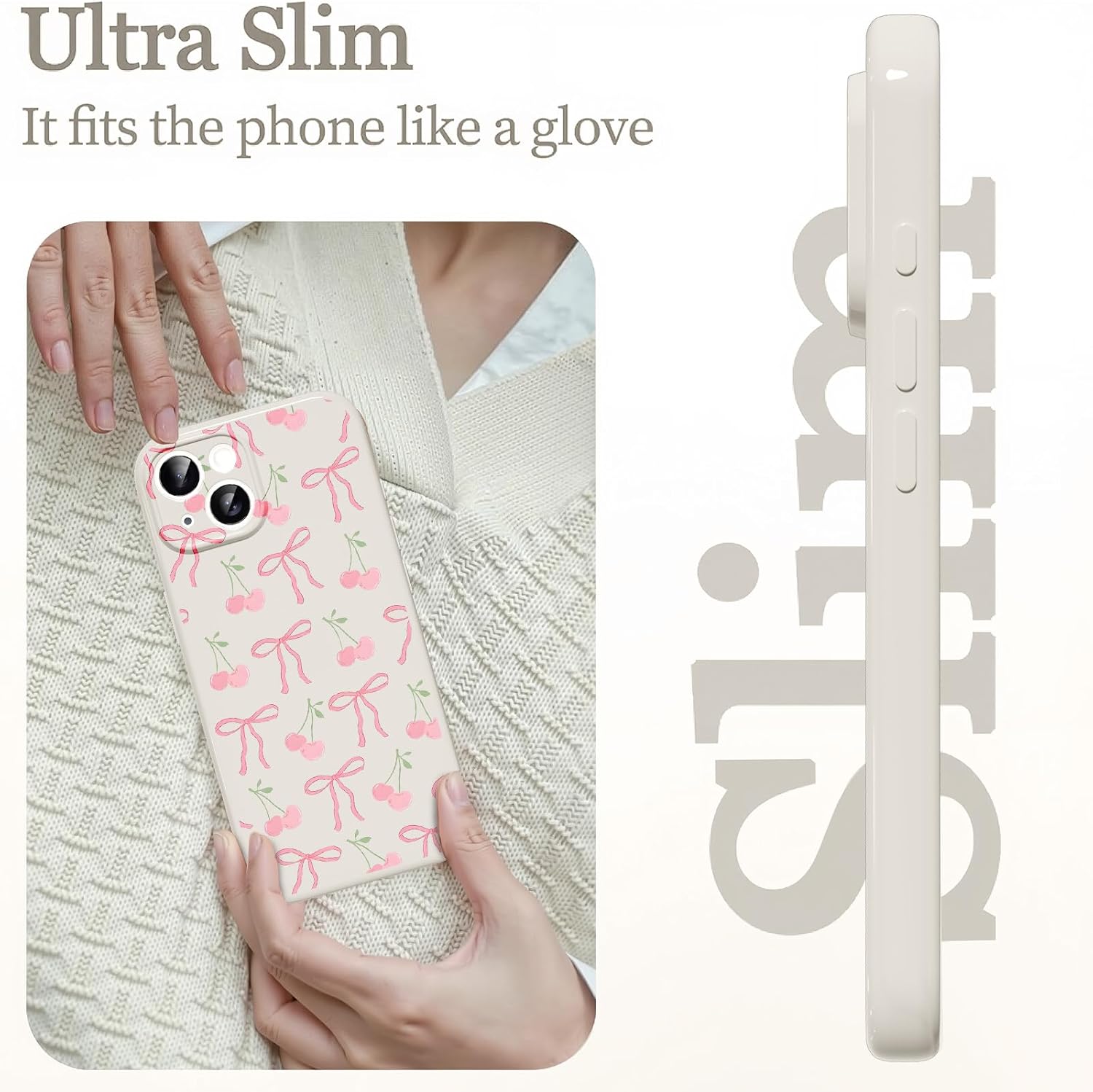 Cute Bow Phone Case for iPhone 13 6.1", Aesthetic Pink Cherry Ribbon Bowknot Pattern Print Design Women Girly Case Gloss Raised Camera Protective Cover Soft Slim Silicone Shockproof TPU Funda - Image 5