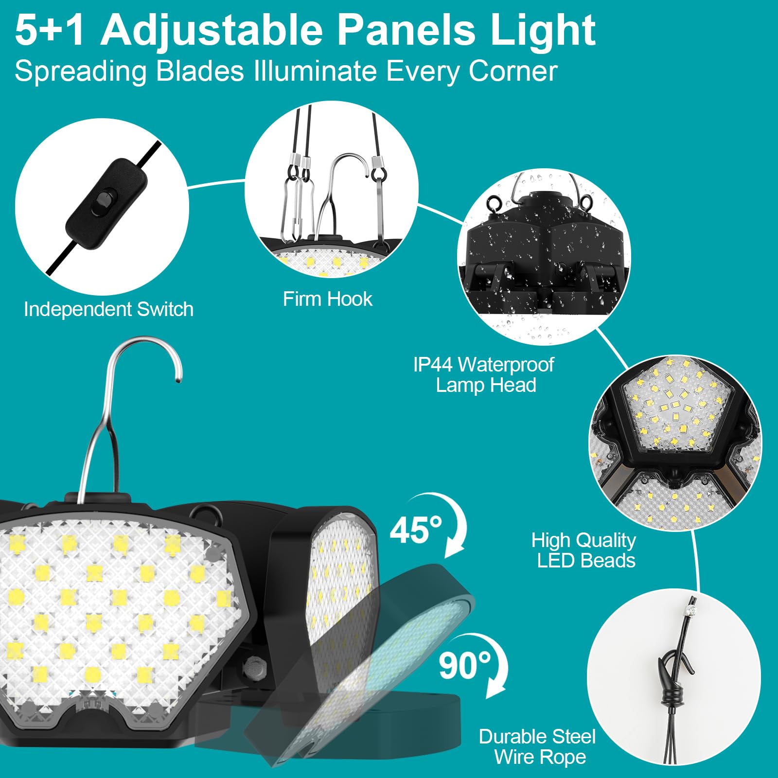 T-SUN 2000LM Lampe Suspendue LED Compatible avec Ma-kita 18V, Suspension LED 65W, 2 Modes d'éclairage, 6000K Lampe de Camping Portable avec USB et Type-C pour Jardin Chemins Garage(Sans Batterie)