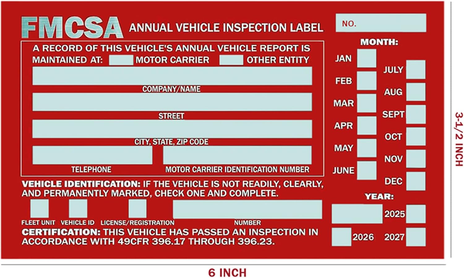100 Pack Exterior Annual Vehicle Inspection Label, FMCSA Annual Inspection Stickers(Red), Aluminum, Permanent Self Adhesive, Meet DOT AVIR Requirements, 6" x 3.5"