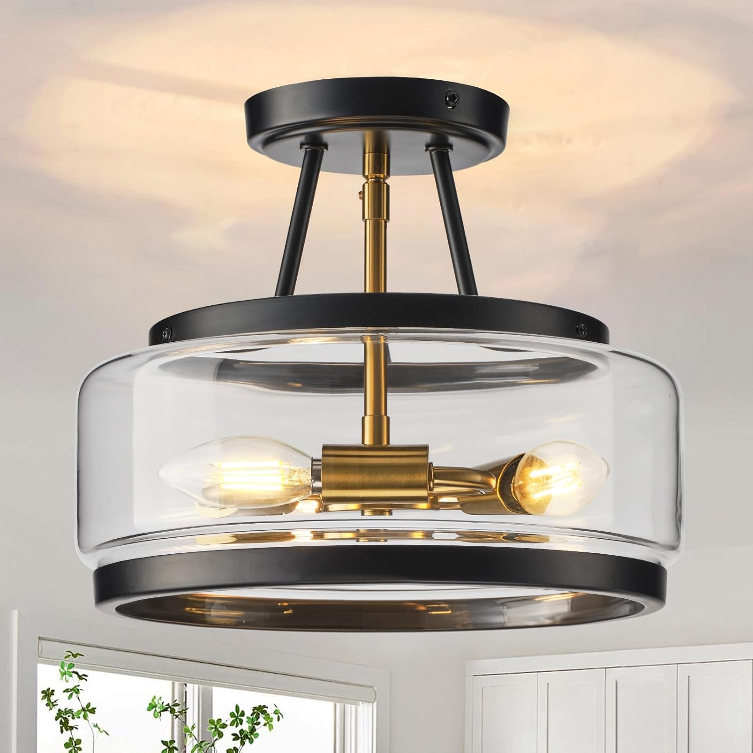 Black Gold Semi Flush Mount Ceiling Light, 3-Light Modern Industrial Drum Light Fixture with Clear Glass Shade, 12" Farmhouse Close to Ceiling Lamp for Hallway, Bedroom, Entryway, Kitchen, E12 Base