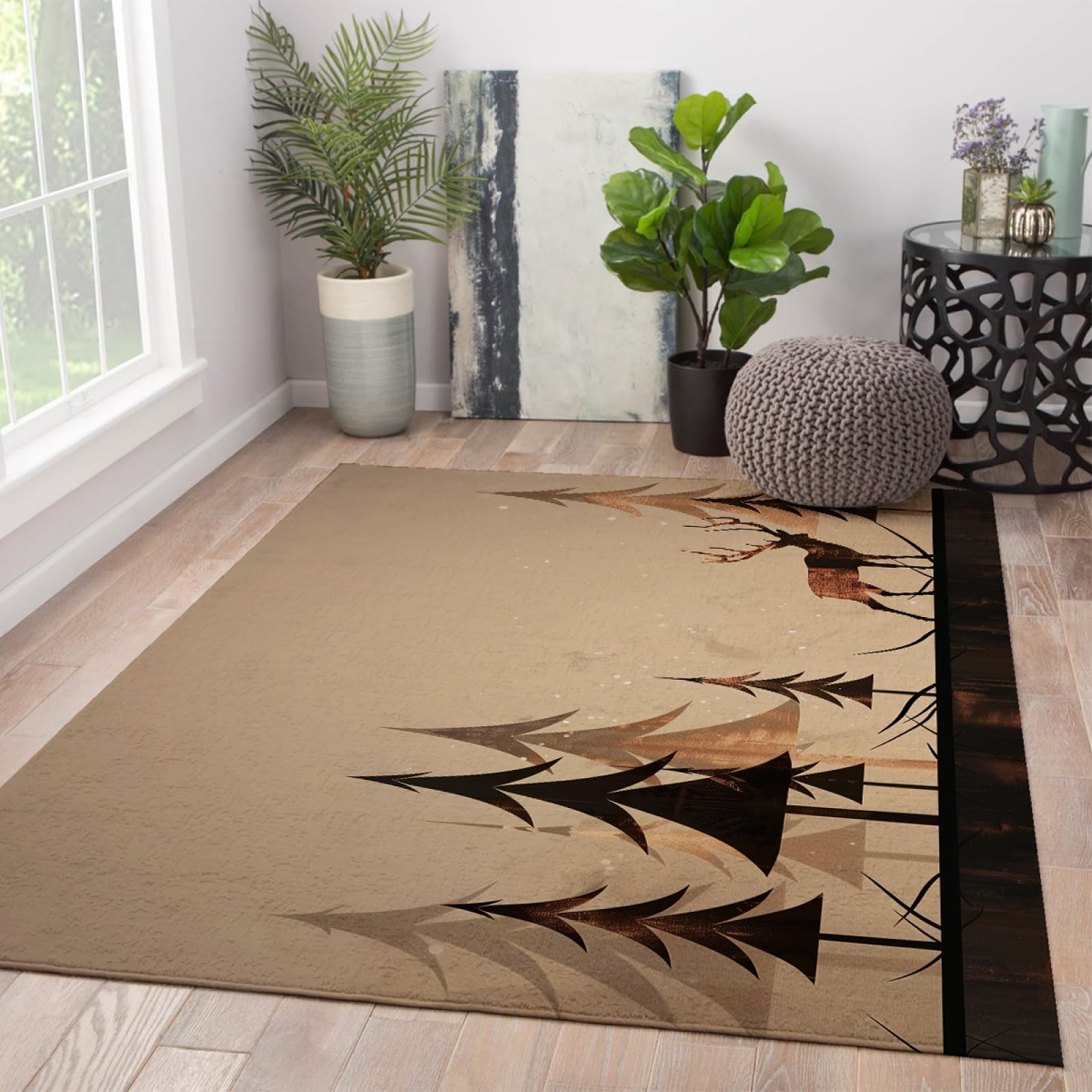Alfombra de área de Estilo nórdico para Dormitorio Alfombra temática navideña de Pelo bajo Bosque de Pino Alce alfombras de patrón para Chimenea de Sala de Estar 180x280cm