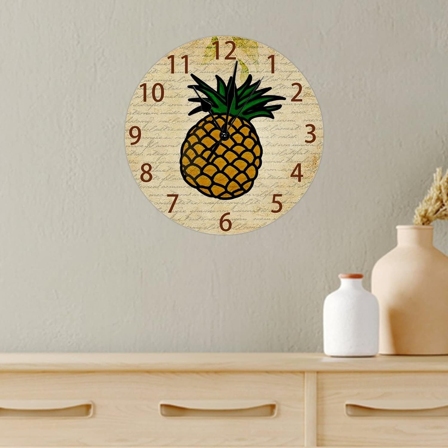 Farmhouse Kitchen Clock 15 Inch Pineapple Modern Wall Clock Silent Non-Ticking Decorative Battery Operated Wood Hanging Round Clocks for Living Room Bathroom Bedroom Office School