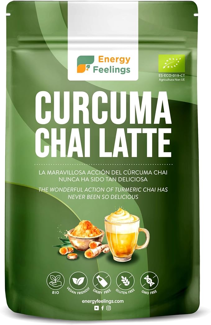 Energy Feelings Cúrcuma Chai Latte Ecológico 500 g, Mezcla Vegana Sin Gluten ni Lactosa