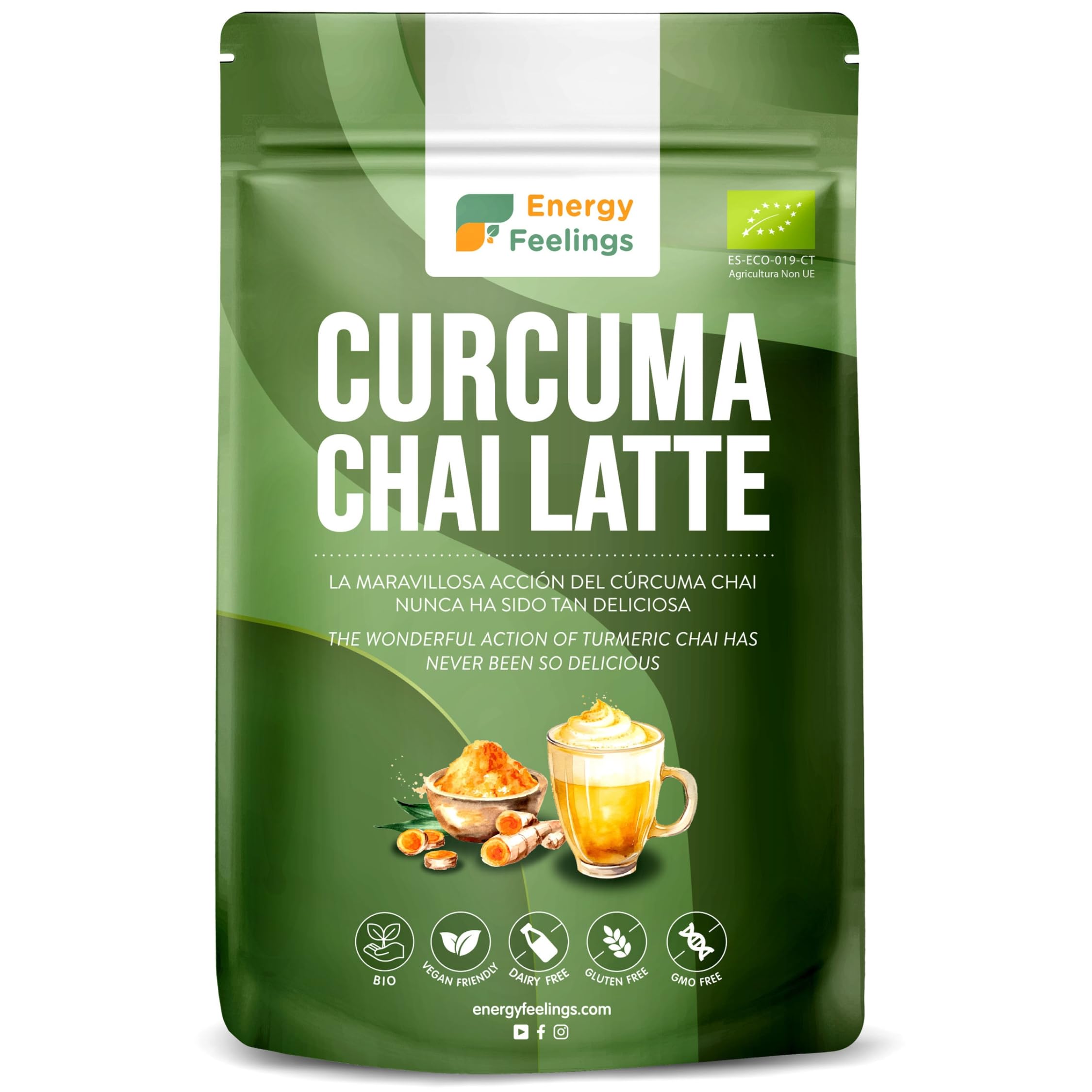 Energy Feelings Cúrcuma Chai Latte Ecológico 500 gr, Cúrcuma en Polvo con Jengibre y Pimienta, Apto para Veganos, Sin Lactosa, Sin Gluten
