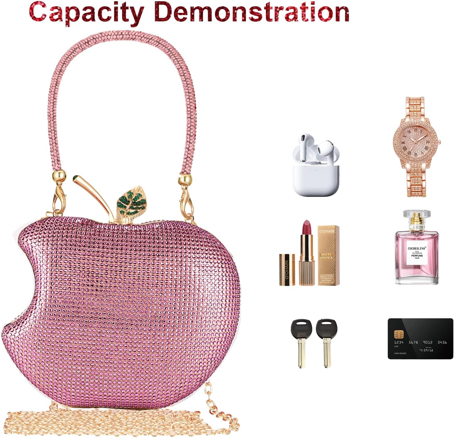 Rhinestone Apple-Shaped Evening Clutch Purse for Women, Crossbody Bag with Detachable Chain