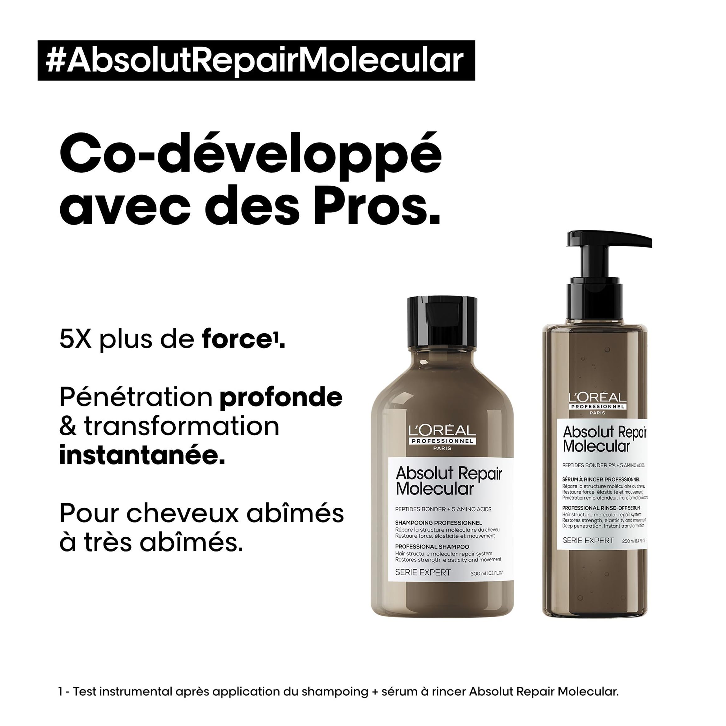 L'OREAL PROFESSIONNEL - Absolut Repair Molecular - Cheveux Très Abîmés, Raides à Bouclés - Traitement Moléculaire & Instantané - 3x Plus de Force