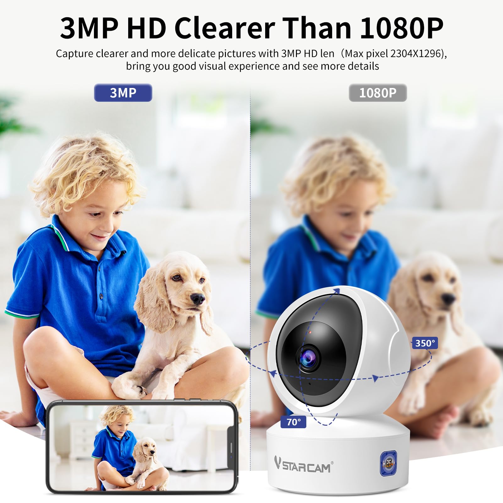 VSTARCAM Caméra interactive 720p WiFi 2,4G pour chat avec vision nocturne infrarouge et détection de mouvement