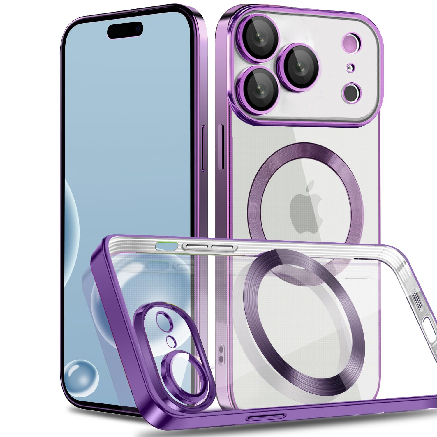 MuZiF iPhone 17 Pro 用 ケース クリア メッキ加工 Magsafe対応 永久磁石 レンズ保護 TPU ソフトケース 薄くて軽い 人気 耐衝撃 携帯カバー アイフォン17 Pro 用 クリアケース (iPhone 17 Pro用,ダークパープル