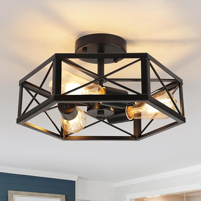 WILON Black 3-Light Farmhouse Chandelier - Industrial Semi Flush Mount Ceiling Light