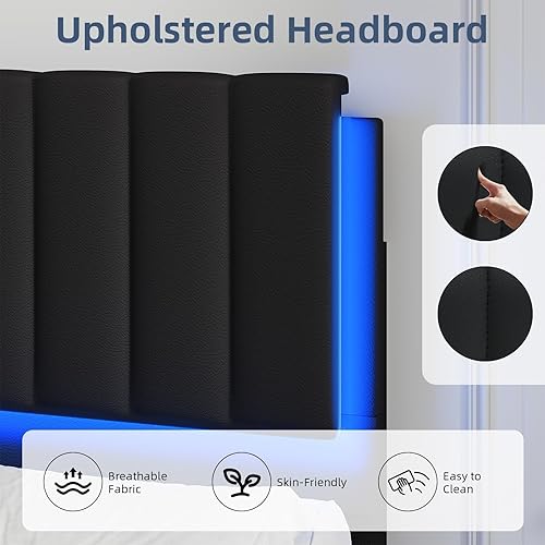 Miniatura 4 de Base de cama Queen con luces LED, plataforma tapizada de piel sintética con cabecero y soporte de listones de madera, no necesita somier, sin ruido,