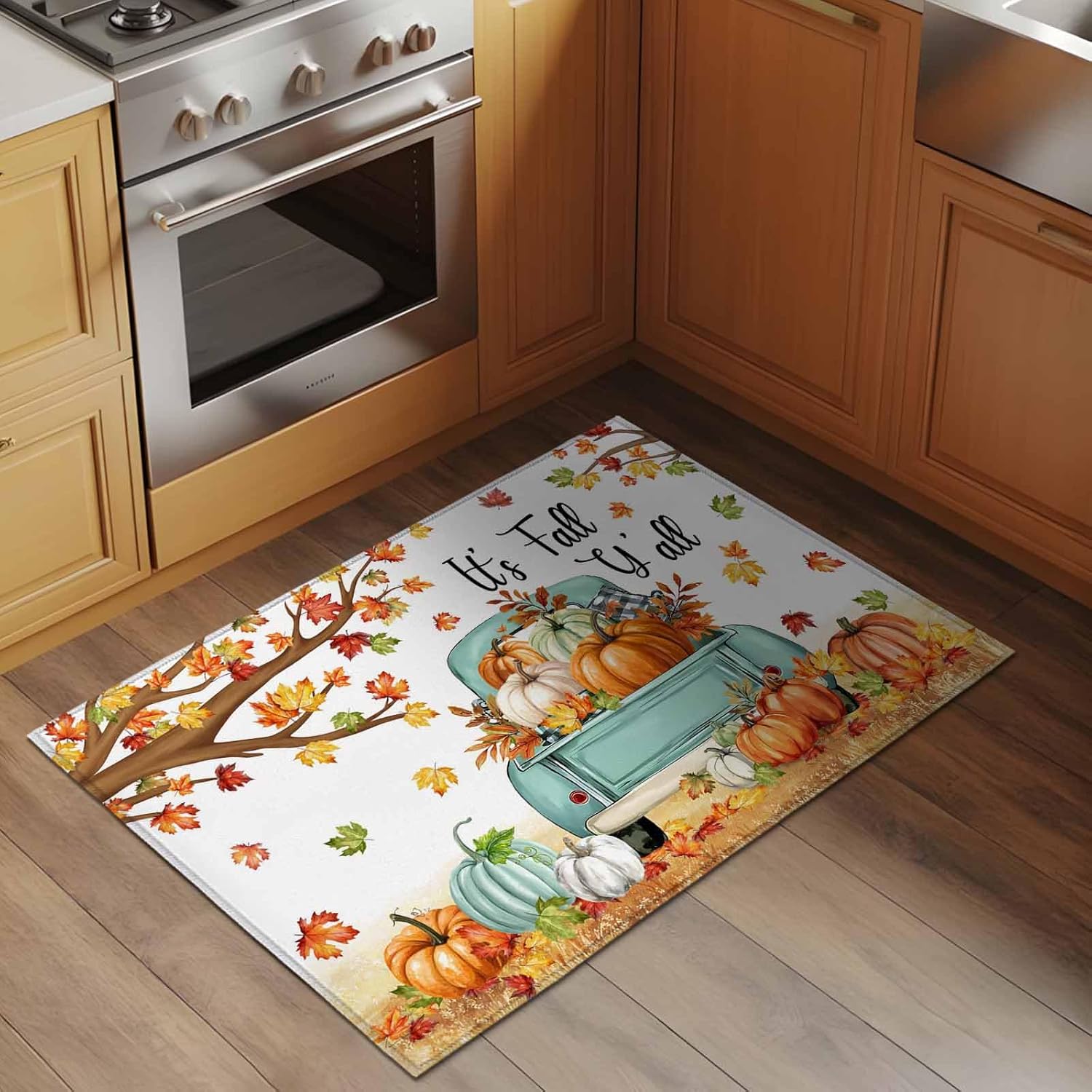 Thanksgiving Entryway Area Rug 2'x3', Farmhouse Fall Truck Maple Leaf Pumpkin Indoor Door Mat Non Slip Kitchen Rug Runner, Washable Small Floor Mat Carpet for Bathroom