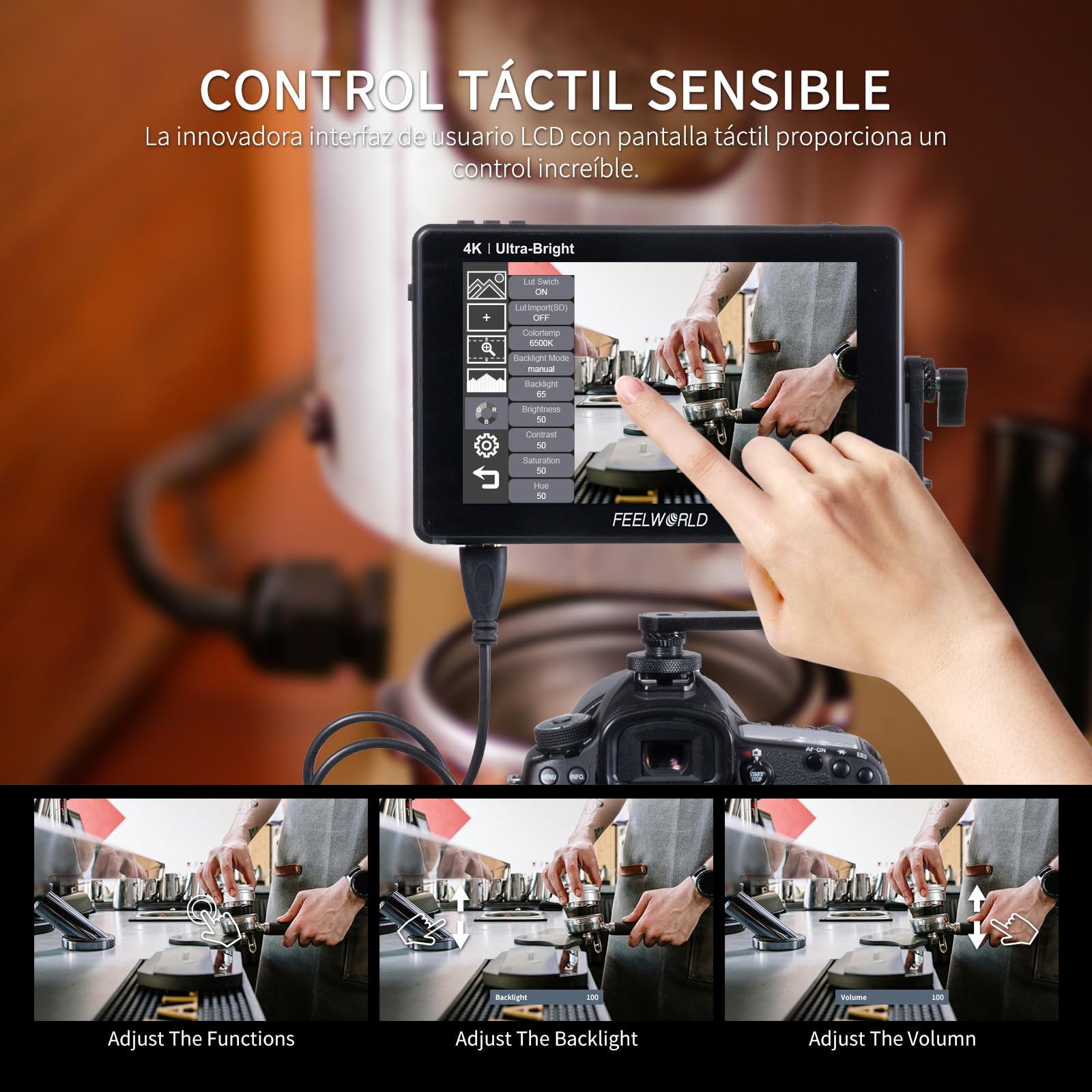 Feelworld LUT7 7 Pulgadas 2200nit Ultra Brillante 3D Lut Touch Screen DSLR Cámara Monitor de Campo 1920x1200 IPS 4K HDMI DC Output Forma de Onda Sensor de Luz