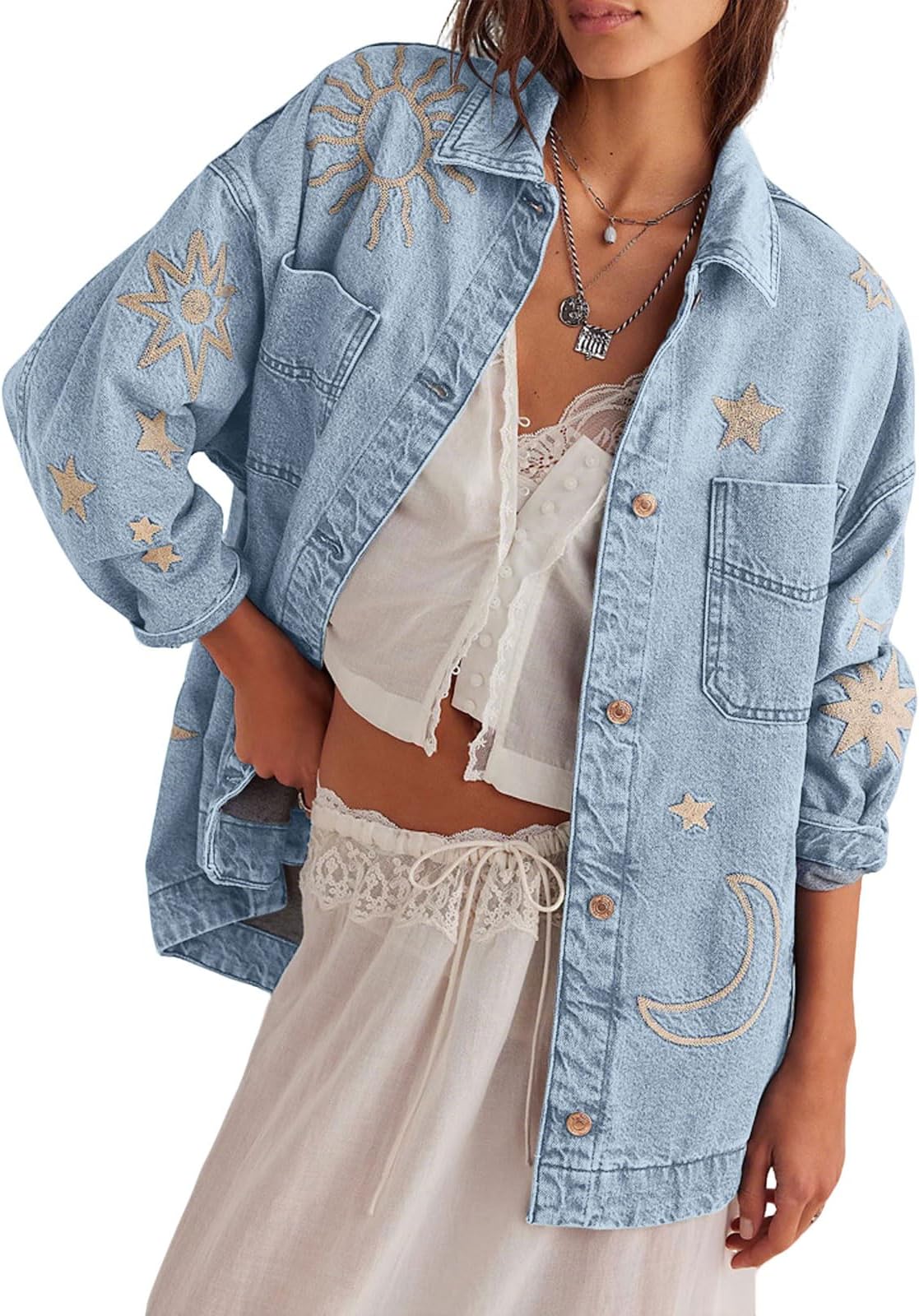 Women Retro Boyfriend Embroidered Denim Jacket Button Up Lapel Jean Jacket Shirt Oversized Pocket Baggy Trucker Coat
