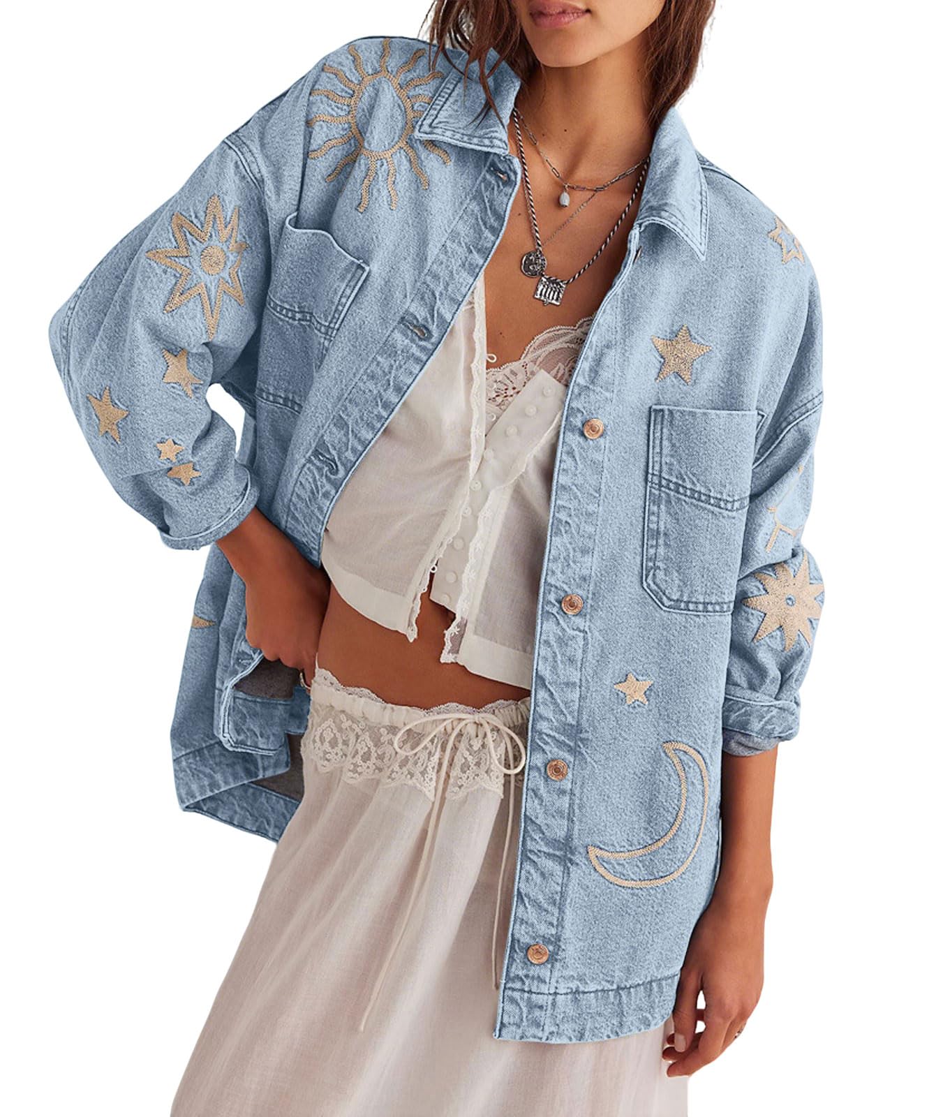 Women Retro Boyfriend Embroidered Denim Jacket Button Up Lapel Jean Jacket Shirt Oversized Pocket Baggy Trucker Coat
