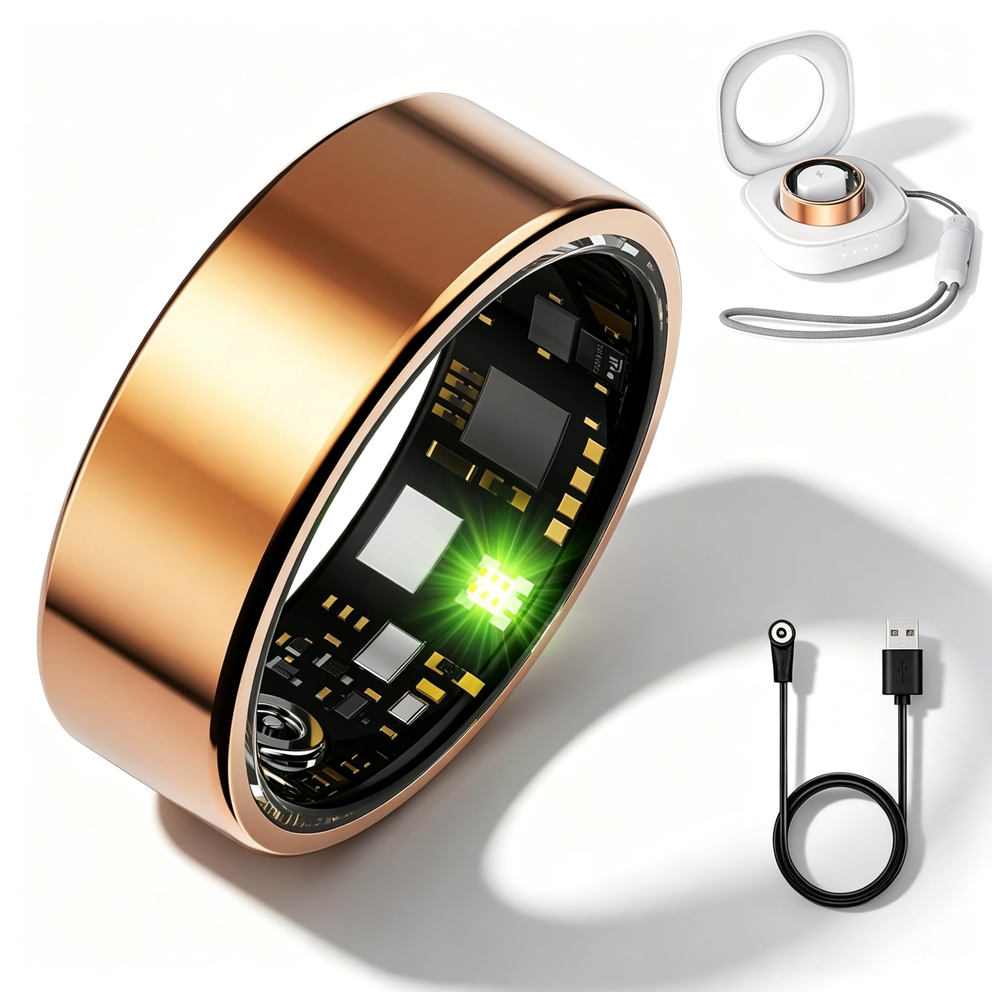 Smart Ring Moniteur de fitness et de santé pour homme et femme, moniteur de pas, étanche IP68, pas de frais d'abonnement, compatible avec iOS Android (doré, 8#)