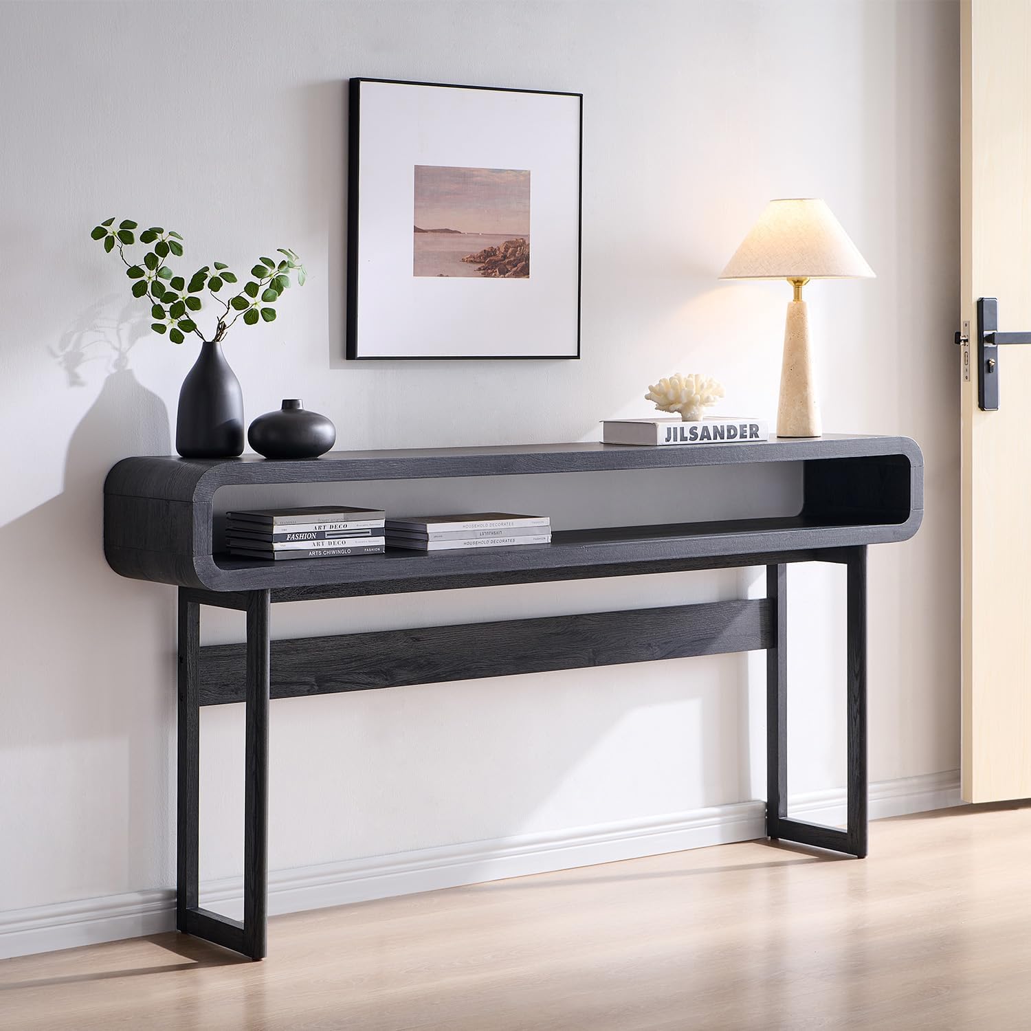 IFGET 63-Inch Long Console Table, 31.5" Tall Modern Entryway Table with Open Storage Shelf, Curved Profile Design, Narrow Wood Sofa Table Behind Couch Table for Living Room, Hallway, Foyer, Dark Grey