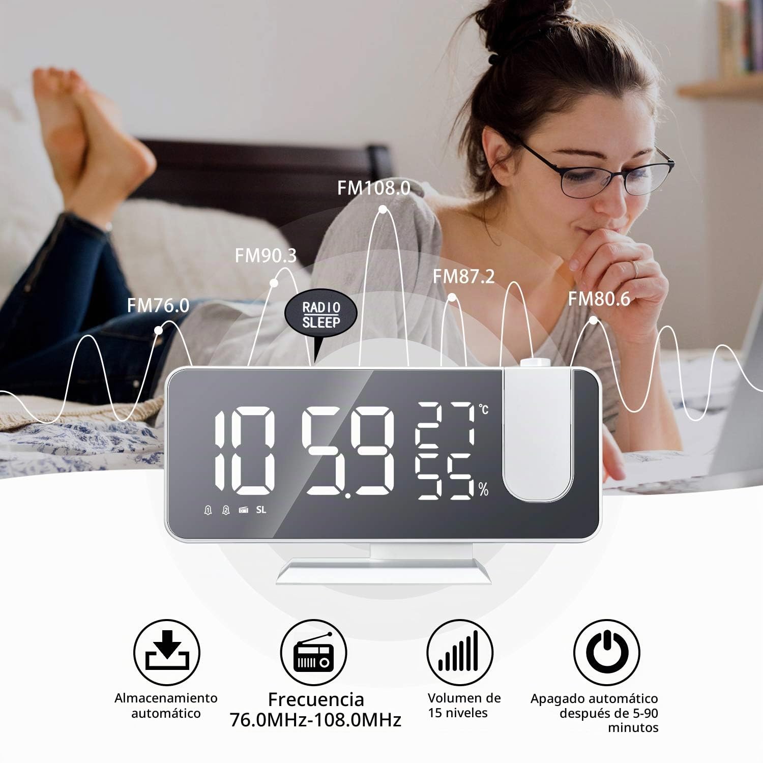Despertador de Proyección Reloj Digital LED con Cargador Puerto USB Alarma Dual Radio FM, Temperatura Humedad 12/24H, Volumen Ajustable Brillo, Blanco