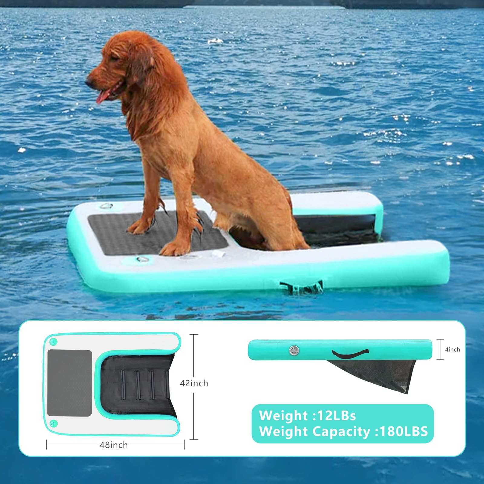 Rampa Gonfiabile per Cani da Barca, Rampa d'Acqua per Cani di Grossa Taglia fino a 200 libbre (90,7 kg), Galleggiante in PVC Antiscivolo con Scala Zattera d'Acqua per Animali per Piscina, Molo