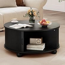 Fluted Round Coffee Table with Storage 31.5" Mid Century Modern Coffee Table with 360 Curved Sliding Door, Wood Accent Center Table with Adjustable Footpads for Living Room