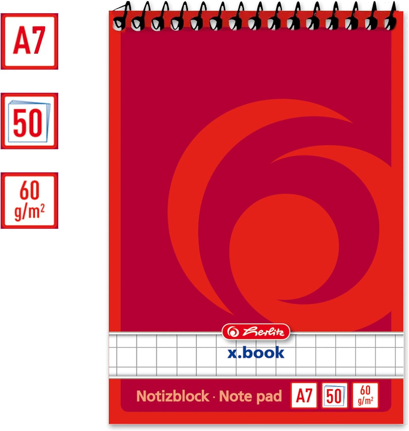 herlitz 110510 Spiral Notebook A5, 50 Sheets, Pack of 10 Chequered A7