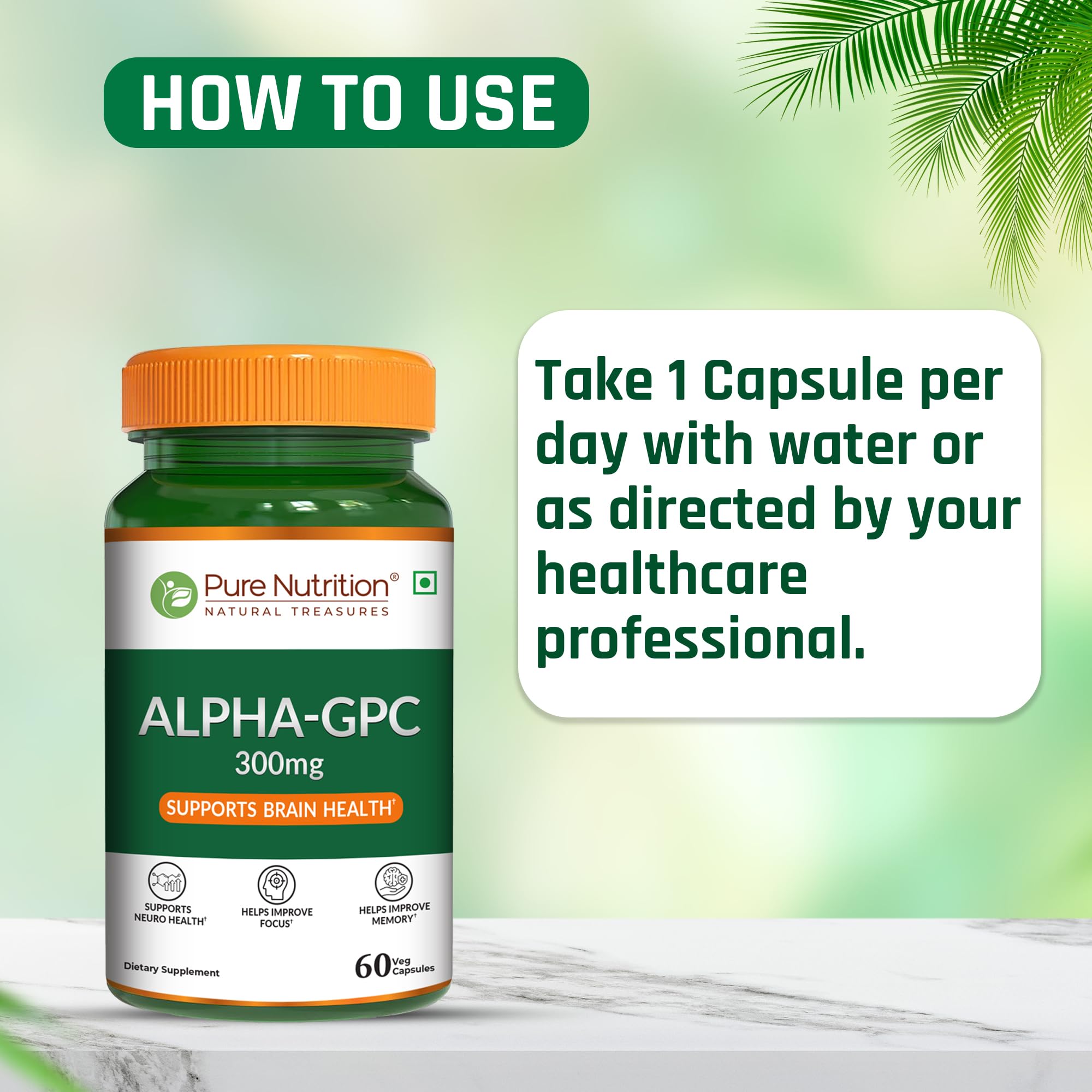 Pure Nutrition Alpha GPC (300mg) – 60 Veg Capsules | Helps to Improve Focus, Mental Clarity & Memory | Brain Health Supplement for Men & Women | Nootropic Formula - Image 5 thumbnail