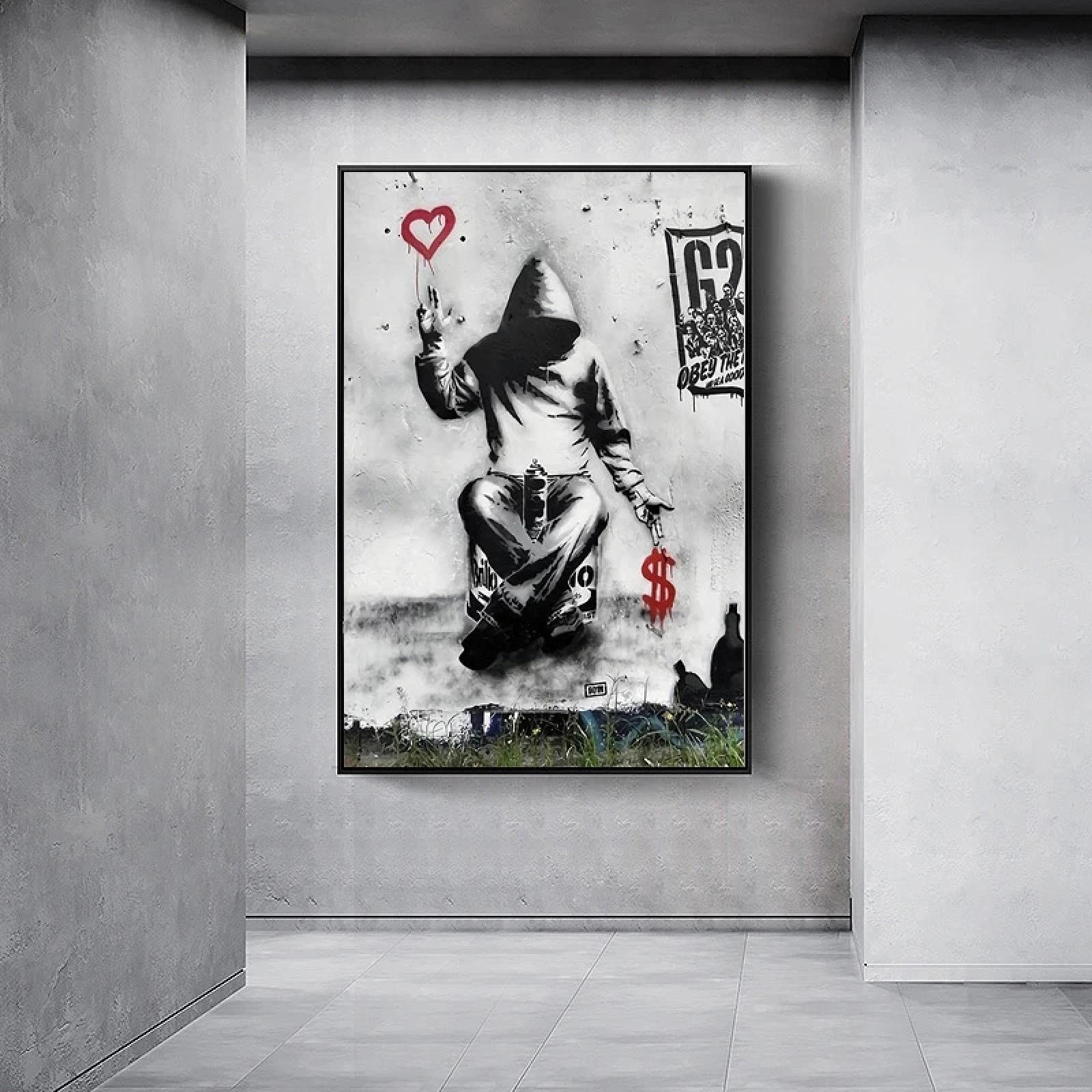 Toile Peinture Graffiti Street Art Enfant Soufflant Pissenlit - Affiche Murale 70x100cm Sans Cadre