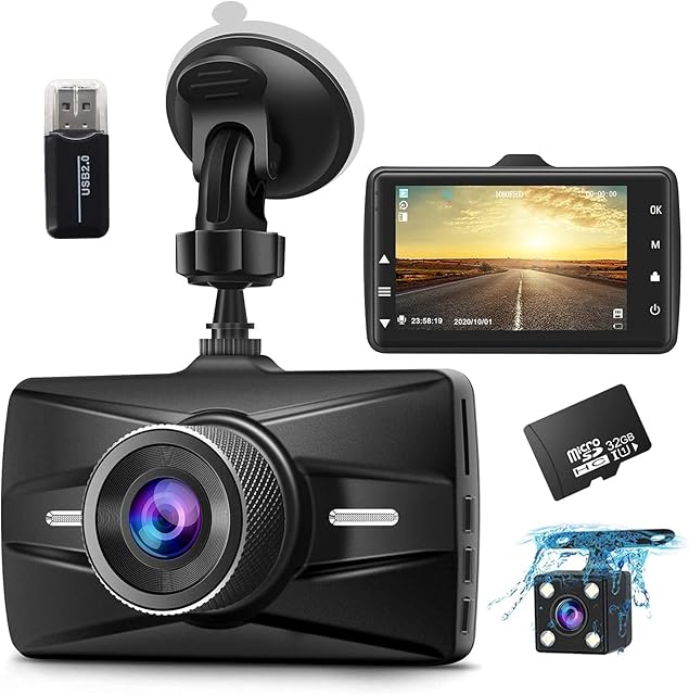 Dash Cam Front and Rear 1080P Full HD with 32GB SD Card Car Dual Dash Camera with F1.8 3 Inch IPS Screen Dashboard Camera Dashcam for Car 170° Wide Angle Aluminum Alloy Case,Loop Recording,G-sensor